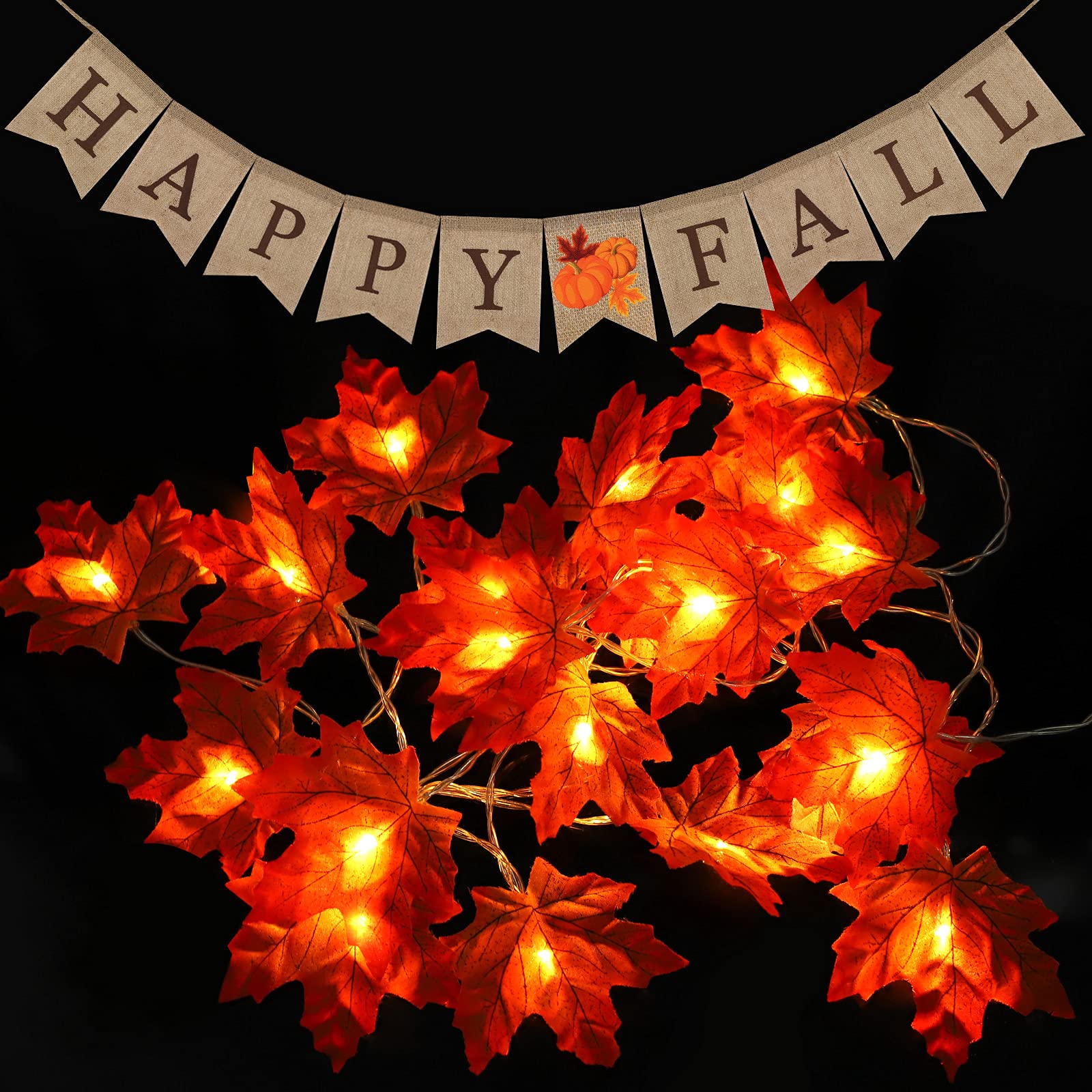MCEAST Fall Leaf Garland with Lights 9.8 Feet Fall Foliage Garland with Happy Fall Burlap Banner Halloween, Thanksgiving Decorations for Home Office School Party Decor
