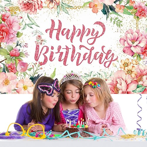 Miniatura 5 de Cartel de fondo de feliz cumpleaños para niñas y mujeres, pancarta de cumpleaños floral de acuarela rosa grande, flores de tela, fondo de foto de