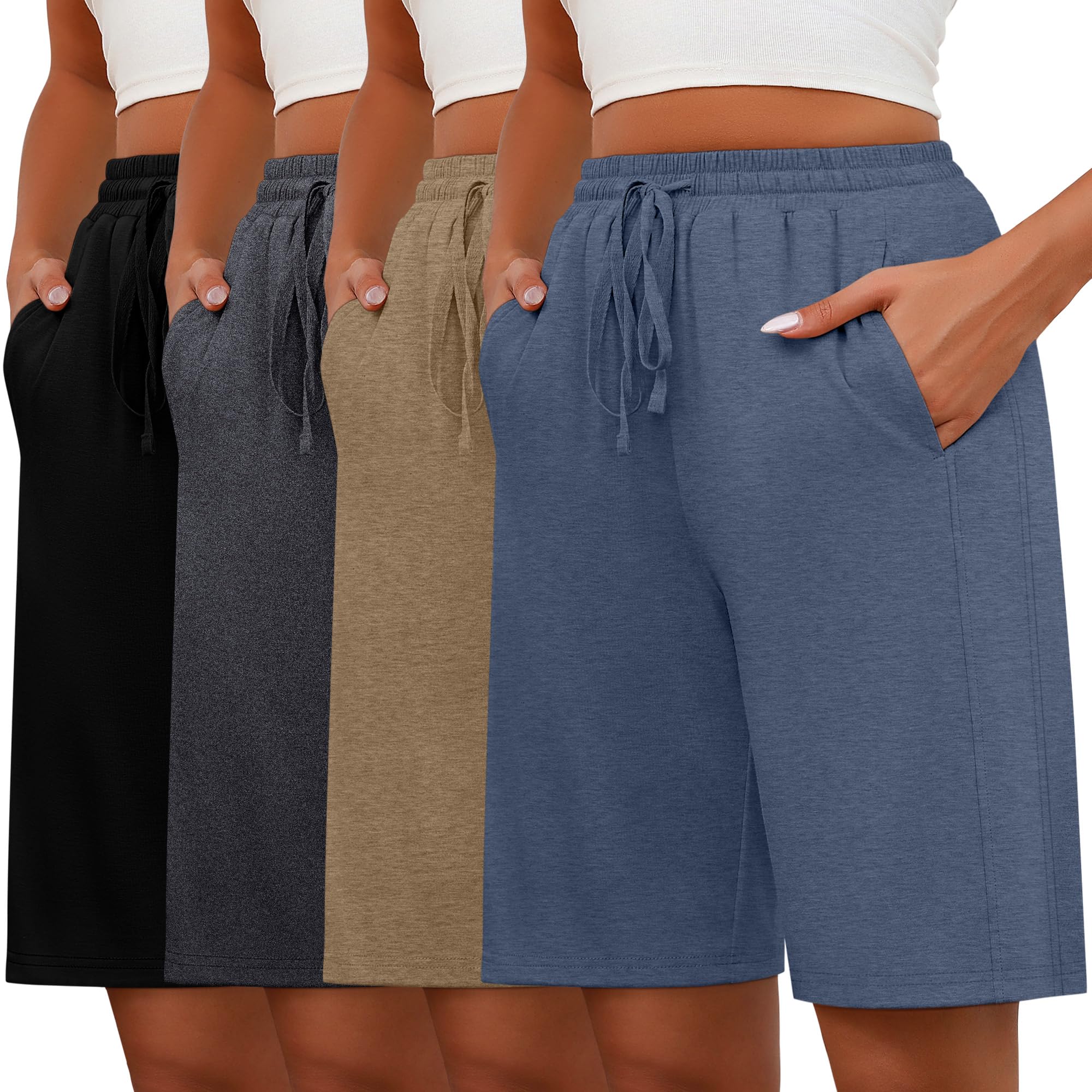Geyoga 4er-Pack Bermuda-Shorts für Damen, Baumwoll-Shorts mit Kordelzug, Elastischem Bund, Weitem Bein und Taschen