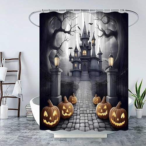 Miniatura 2 de Cortina de ducha de Halloween, casa embrujada, espeluznante calabaza, horror, luna llena, espeluznante, árbol muerto, gótico, murciélagos negros,