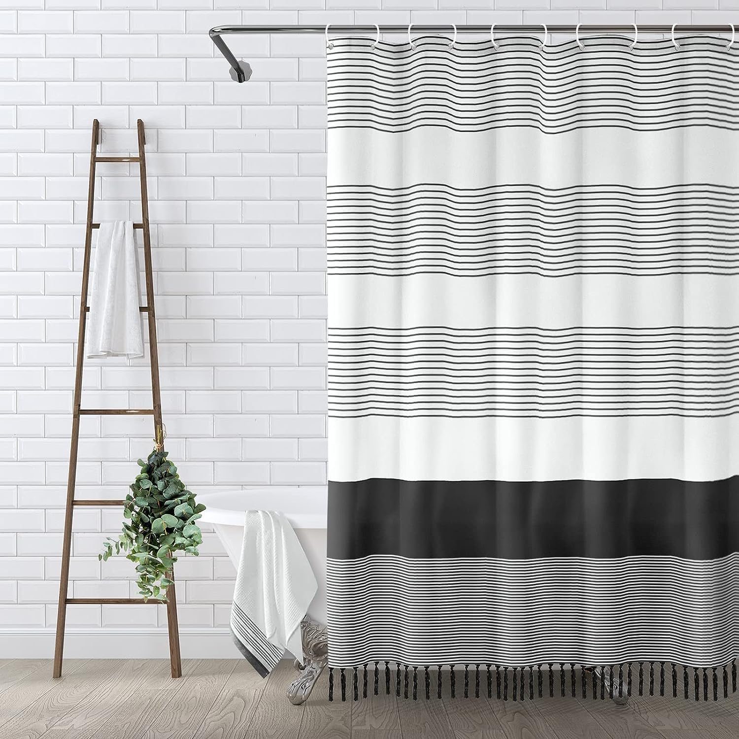 awellife boho black and white shower curtain for bathroom extra long stripe tassel shower curtain 72 x 84 inches farmhouse linen black tassel 72"w x 84"l