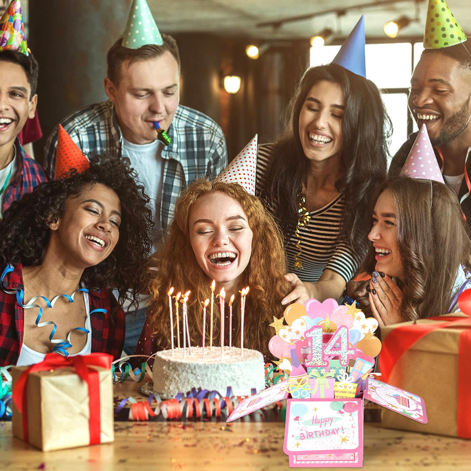 Biglietto Pop-up 3D Lucido 14th Happy Birthday con Busta, Cartolina Compleanno per Ragazza