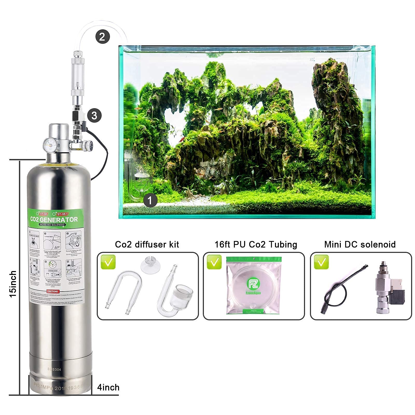 FZONE 2.5L Aquarium CO2 Generator System Carbon Dioxide Reactor Kit