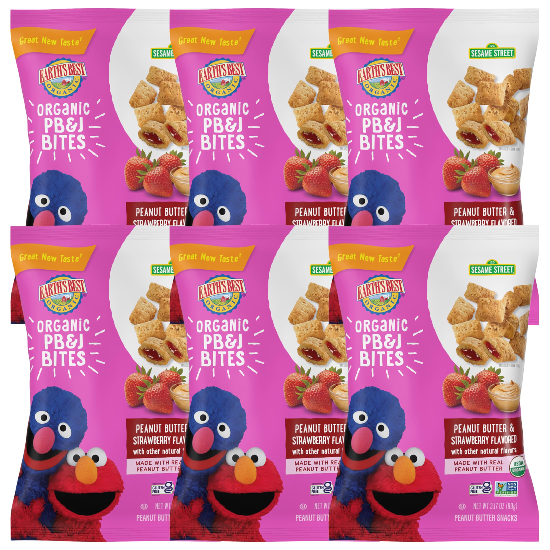 Earth's BestOrganic Kids Snacks, Sesame Street Toddler Snacks, Organic PB&J Bites for Toddlers 2 Years and Older, Peanut Butter and Strawberry Flavored with Other Natural Flavors, 3.17 oz (Pack of 6)USDA Organic