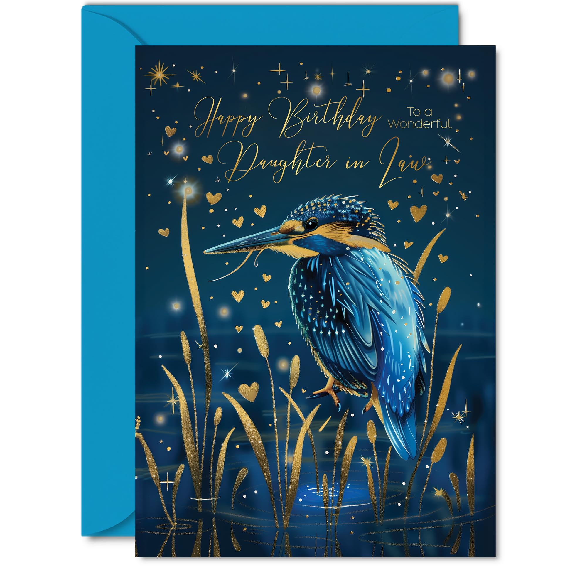 Beautiful Gold Birthday Cards for Daughter in Law - Wonderful Golden Kingfisher - Pretty Traditional Elegant Birthday Card for Daughter from Mother Father in Law, A5 Gorgeous Greeting Cards Gift
