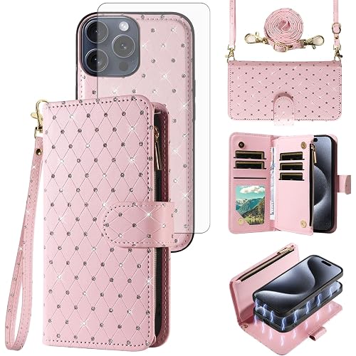 Asuwish Compatible with iPhone 15 Pro 6.1 inch Wallet Case Zipper Cell and Tempered Glass Screen Protector Crossbody Strap Glitter Flip Card Holder Phone Cover for i Phone15 i15 15Pro Women Rose Gold