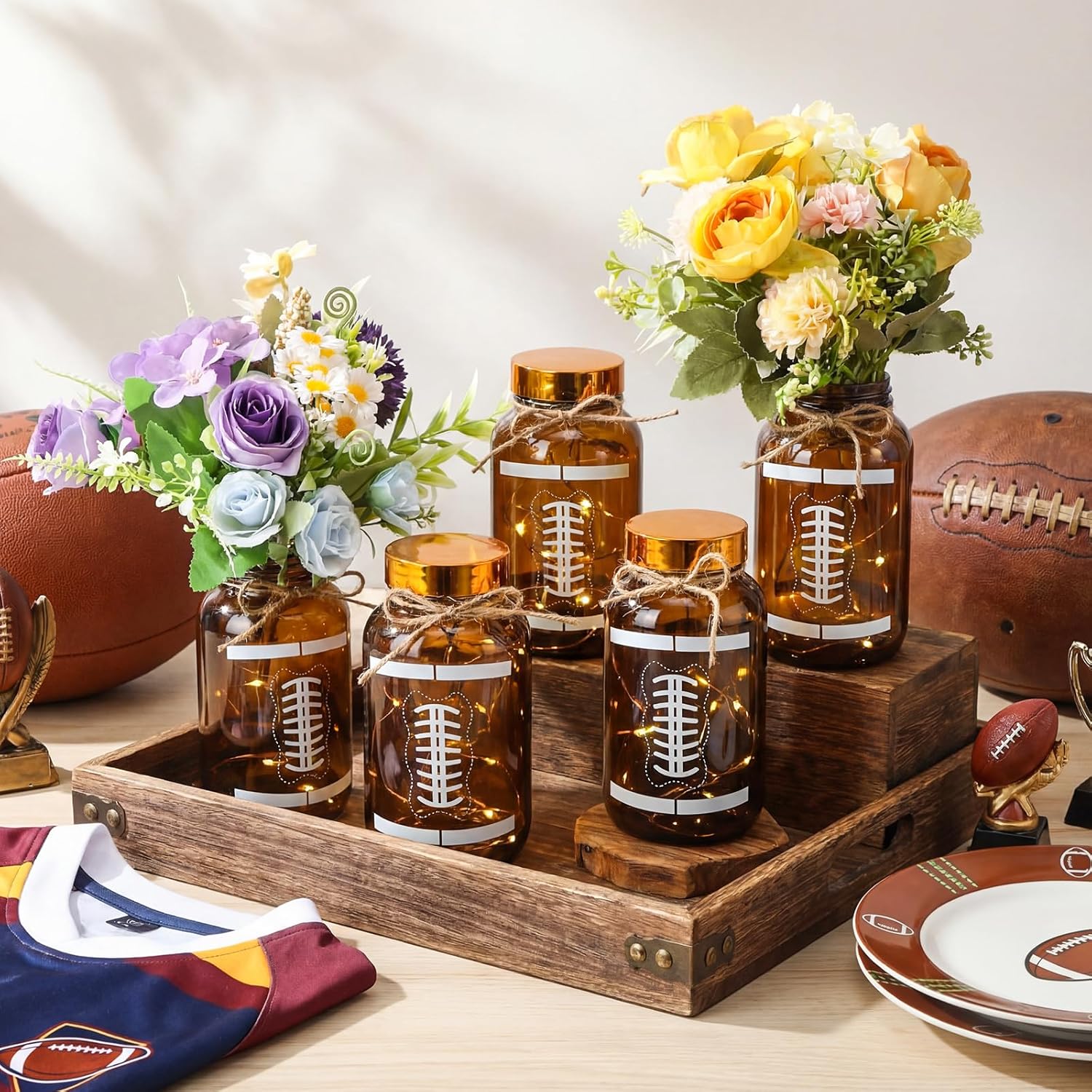 12 Sets Football Centerpieces for Table LED Light Football Mason Jars Vase Table Toppers Decor for Home Touch Down Rugby Day Decoration for Game Sports Birthday Party Supplies