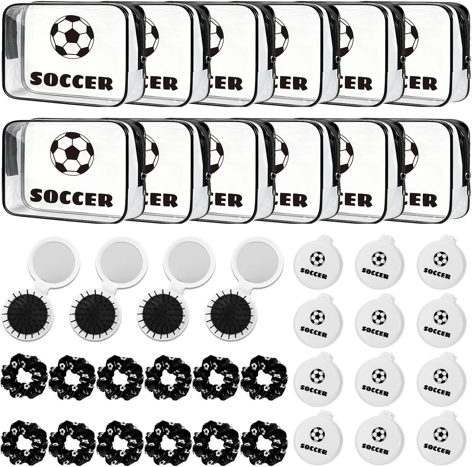 36 Pcs Black Soccer Team Gifts for Girls, Makeup Bag Scrunchie Mirror Set, Soccer Party Favor Goodie Bag Stuffer, Sport Accessory for Game Celebration Team Reward
