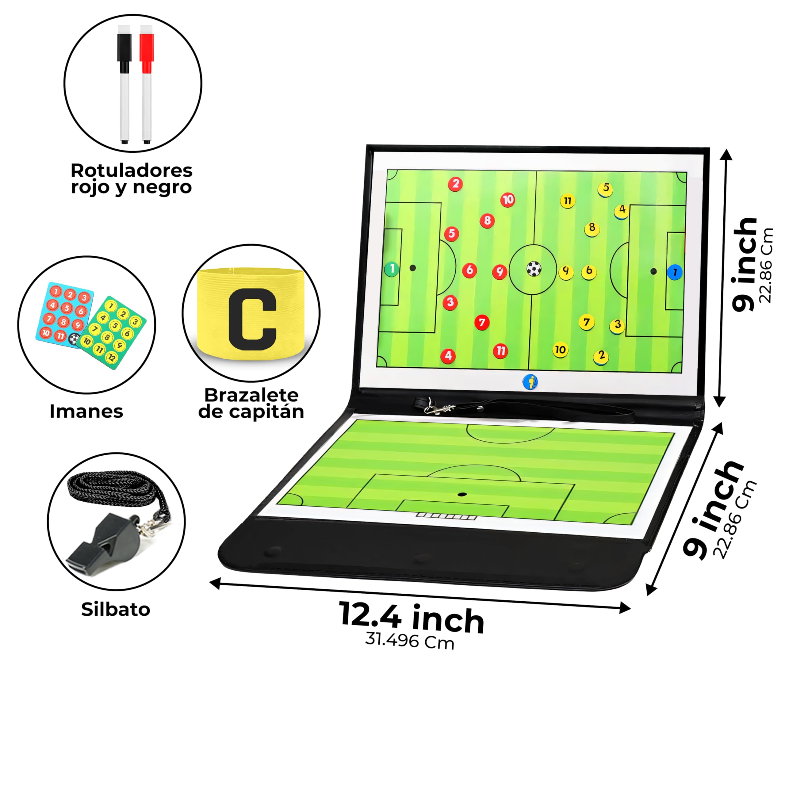 Pizarra Magnética Táctica Entrenador Fútbol con Fichas Brazalete Capitán Silbato 2 Rotuladores Cuero Negro