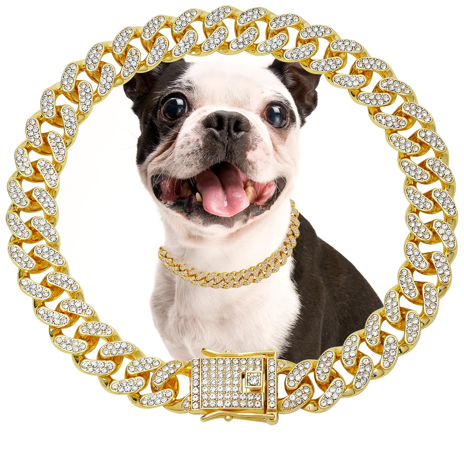 Gold Dog Cat Chain Collar Necklace with Diamond Pendant K Metal Cuban Link Chains Pet Gold Crystal Collar Necklaces Accessories for Cats Puppy Dogs(16inch)