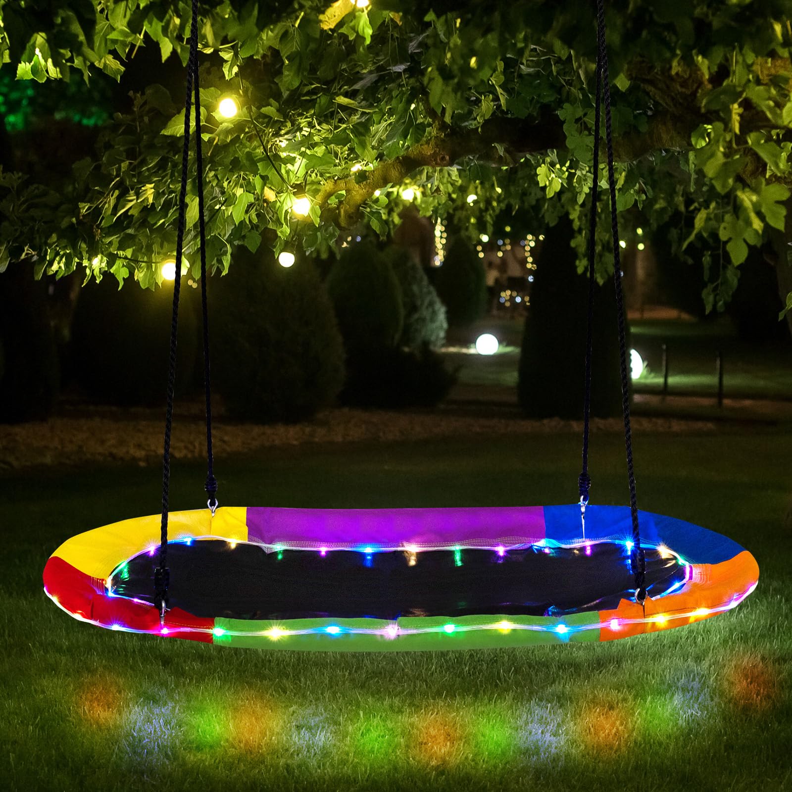 COSTWAY Balançoire Soucoupe Ovale Ø 150 cm avec Lumières LED, Balançoire Nid d'Oiseau en Tissu Oxford avec Cordes Réglables (100-180cm), Intérieur Extérieur, Charge 150kg pour Enfants et Adultes