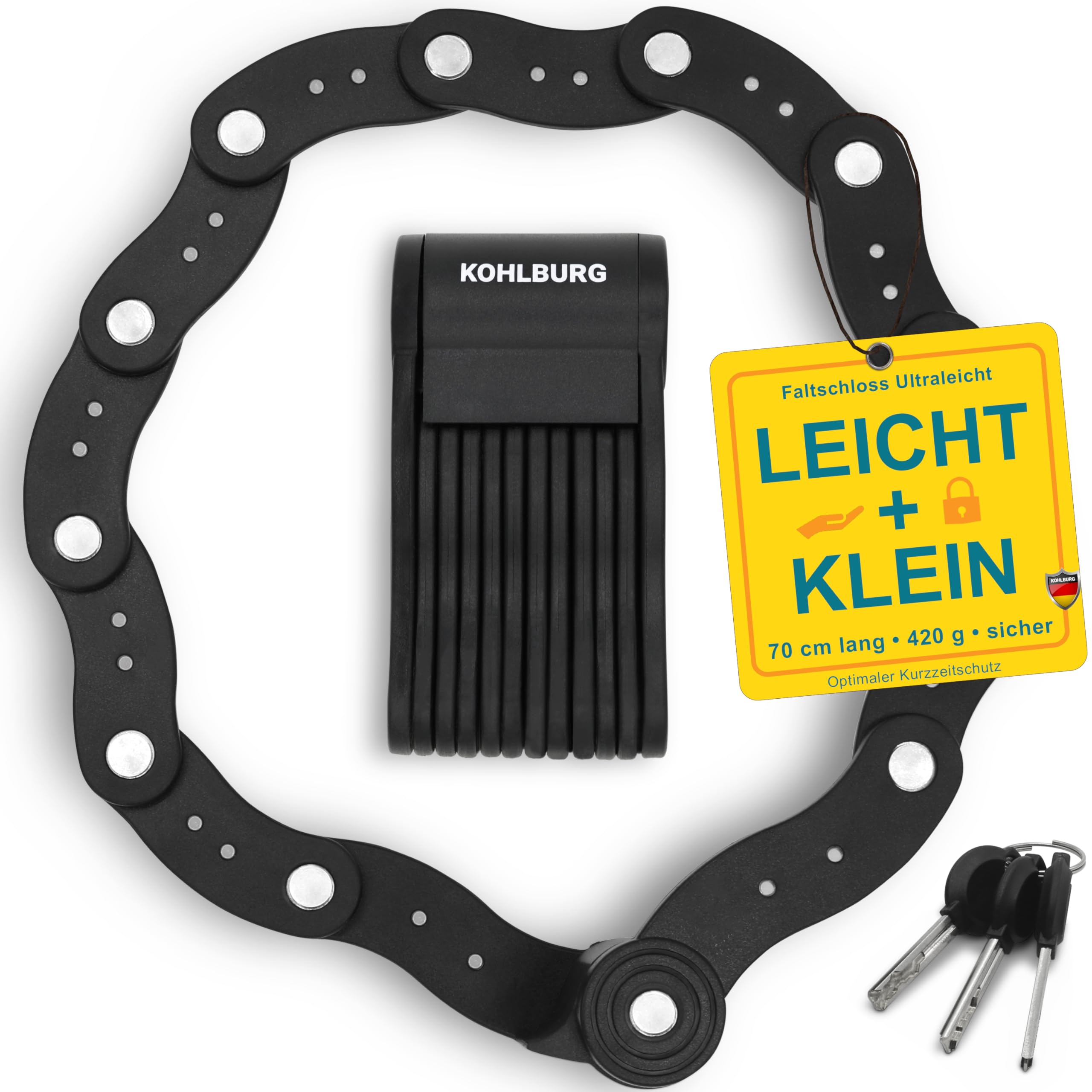 KOHLBURG 420g leichtes Fahrradschloss mit Halterung fr lange Touren -  Kurz-Zeit-Schutz Faltschloss - Gliederschloss 70cm lang fr Fahrrad E-Bike  & ...