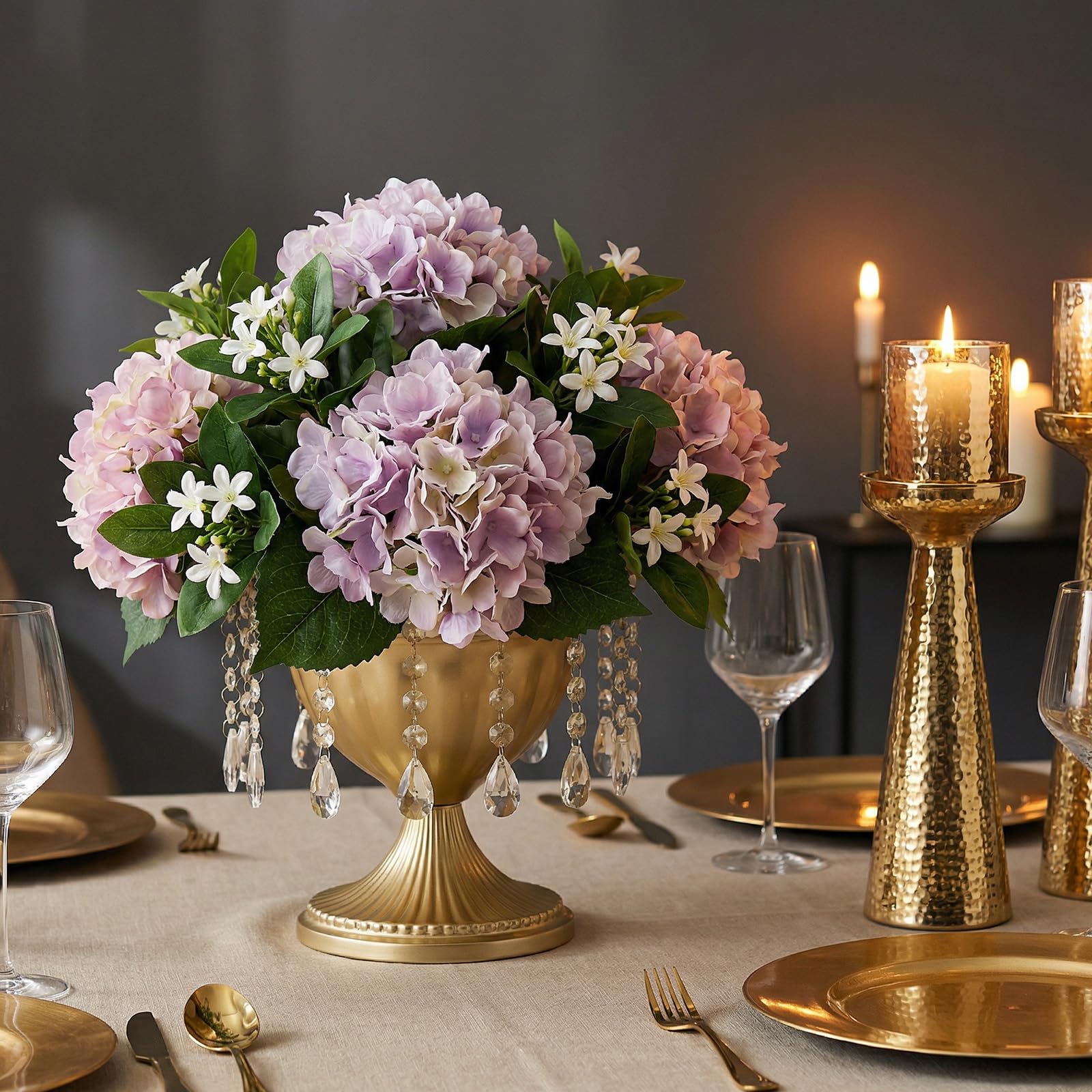 Sziqiqi Metall Urn Vase Gold: Kleine Vasen Hochzeitsdeko Tischdeko 10Stk | Mit Kristallperlen, ⌀27cm/ H22cm/ T13cm, Weite Öffnung für Kunstblume, Vintage, Hochzeit, Taufe, Esstisch, Party, Landhaus