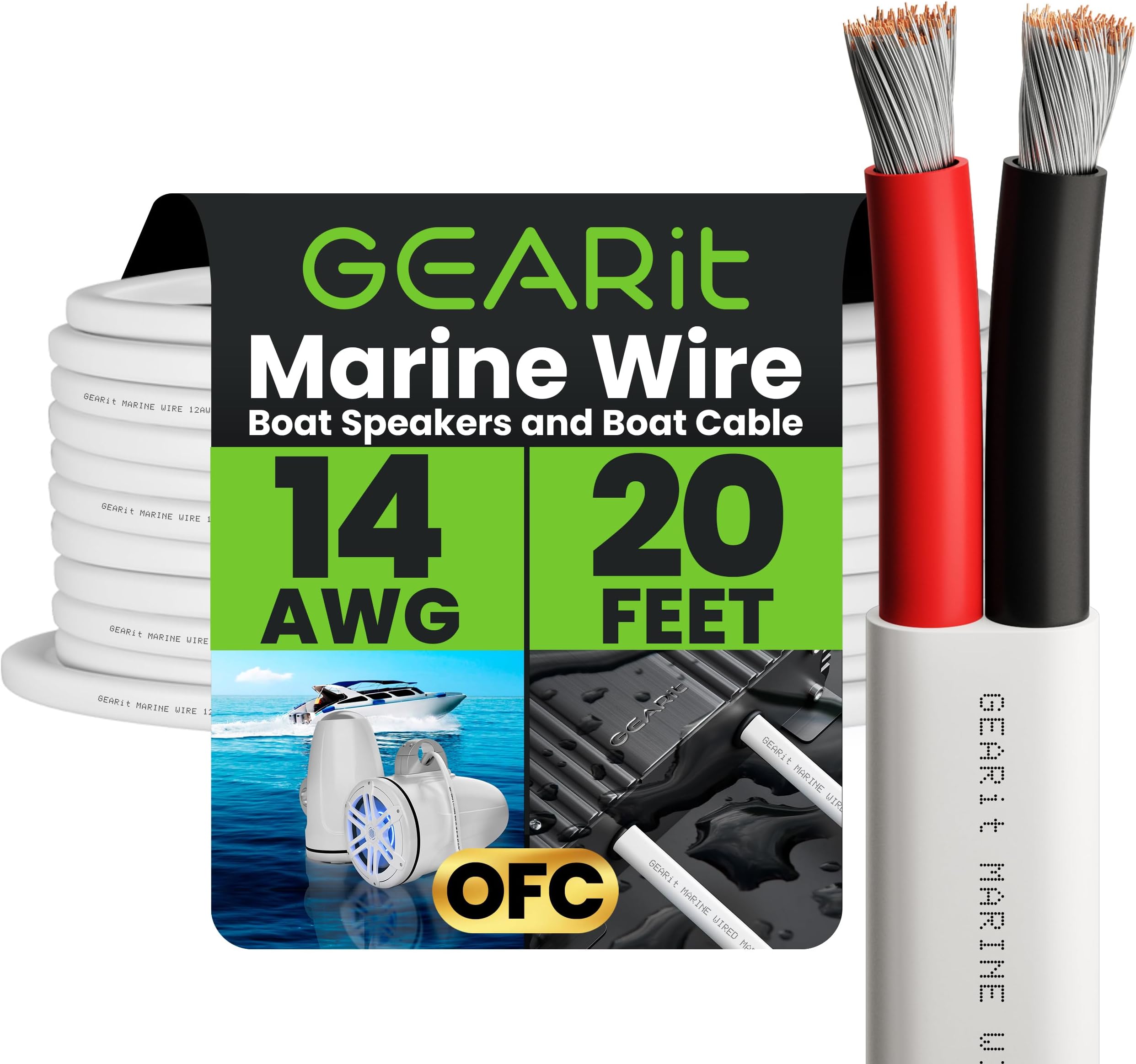 GearIT 14/2 Marine Wire (20 Feet) 14AWG Gauge - Tinned OFC Copper/Marine Grade Speaker Cable/Duplex / 2 Conductors - OFC Oxygen-Free Copper, White 20ft