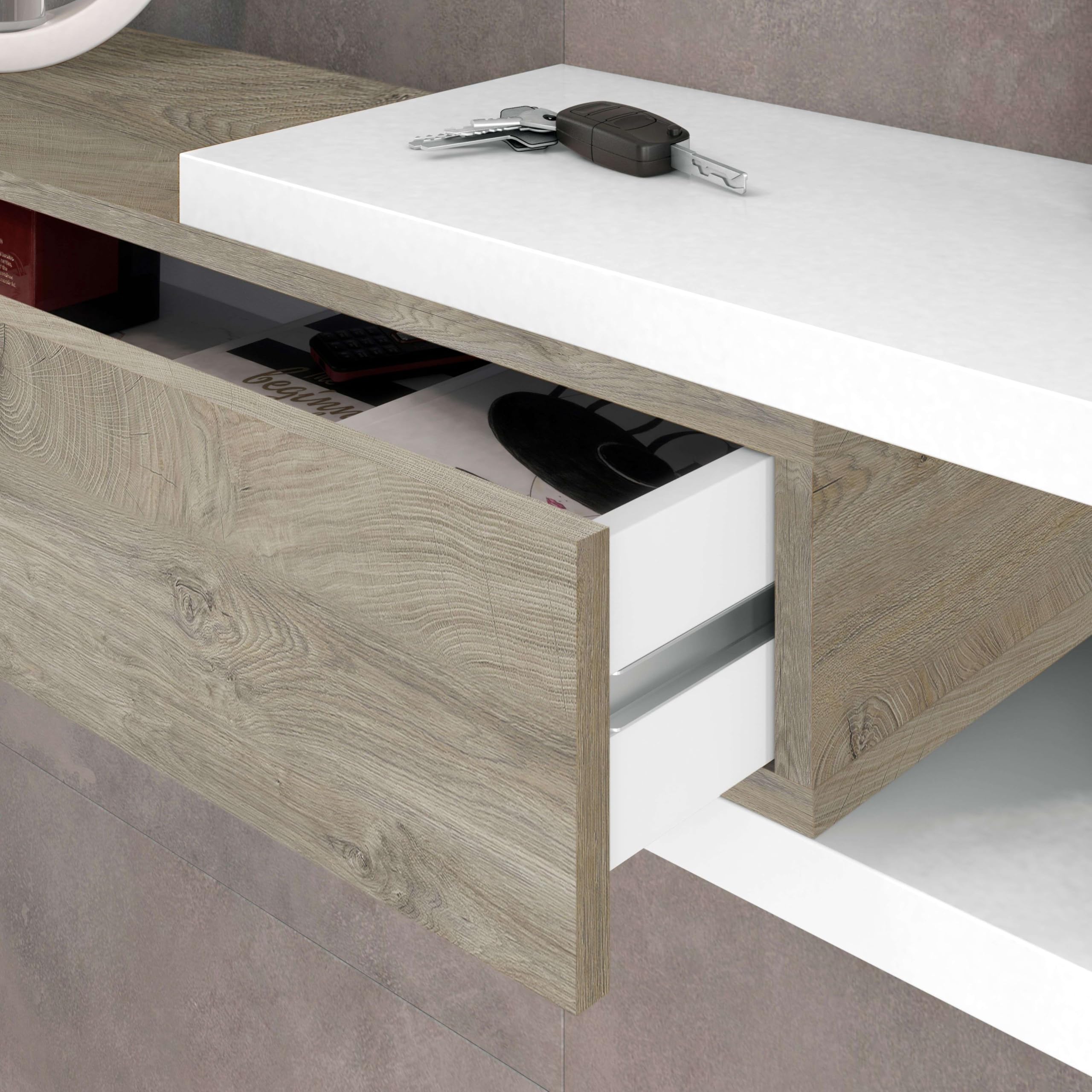 Habitdesign Recibidor con Cajon y Espejo, Mueble de Entrada, Modelo Noon, Acabado en Blanco Artik y Roble Alaska, Medidas: 95 cm (Ancho) x 19 cm (Alto) x 26 cm (Fondo)