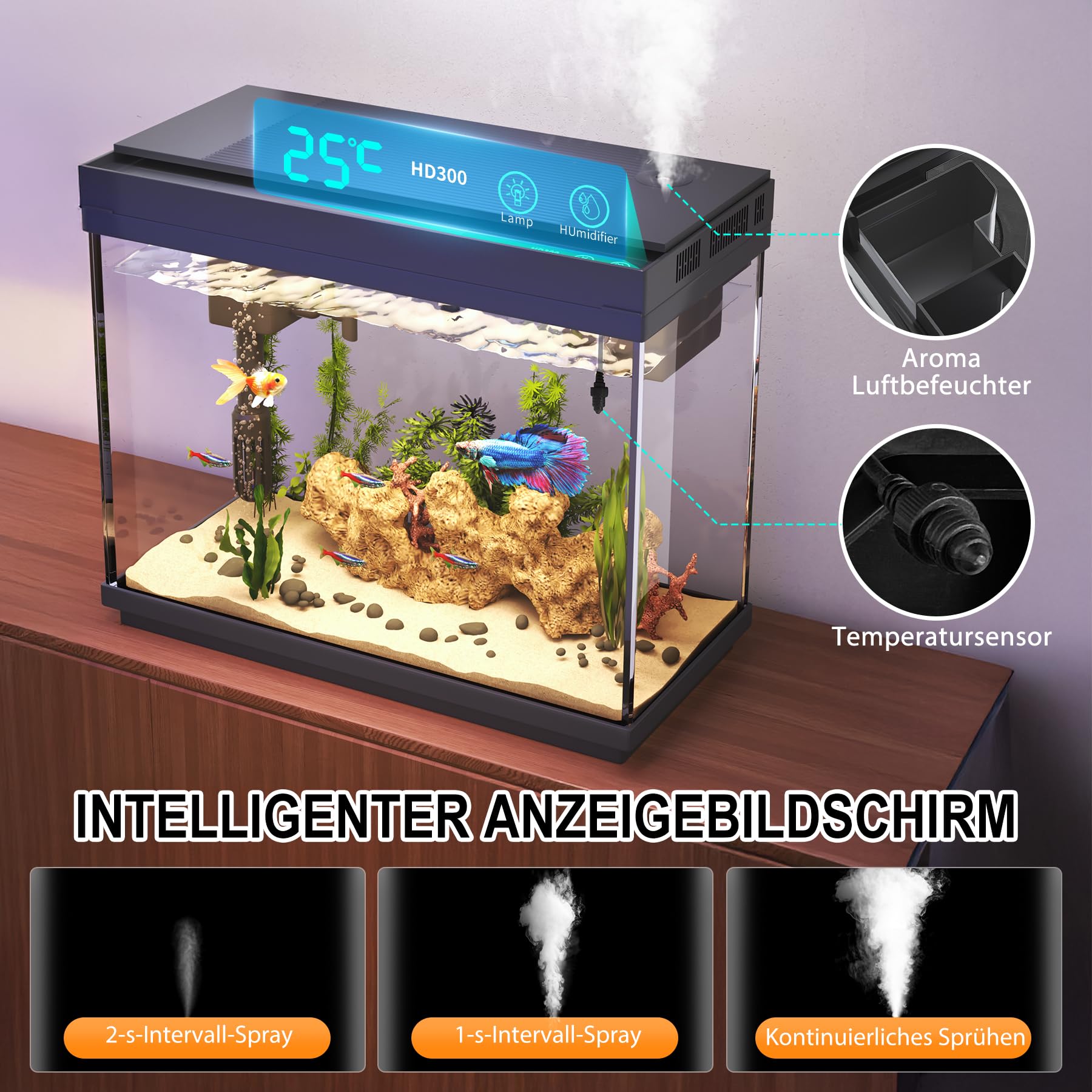 Vehipa Nano Aquarium 9L Klein mit intelligentem Luftbefeuchter, Temperaturanzeige, UHD-Glas, 7-Farben-Beleuchtung, 3-in-1 Leise Pumpe