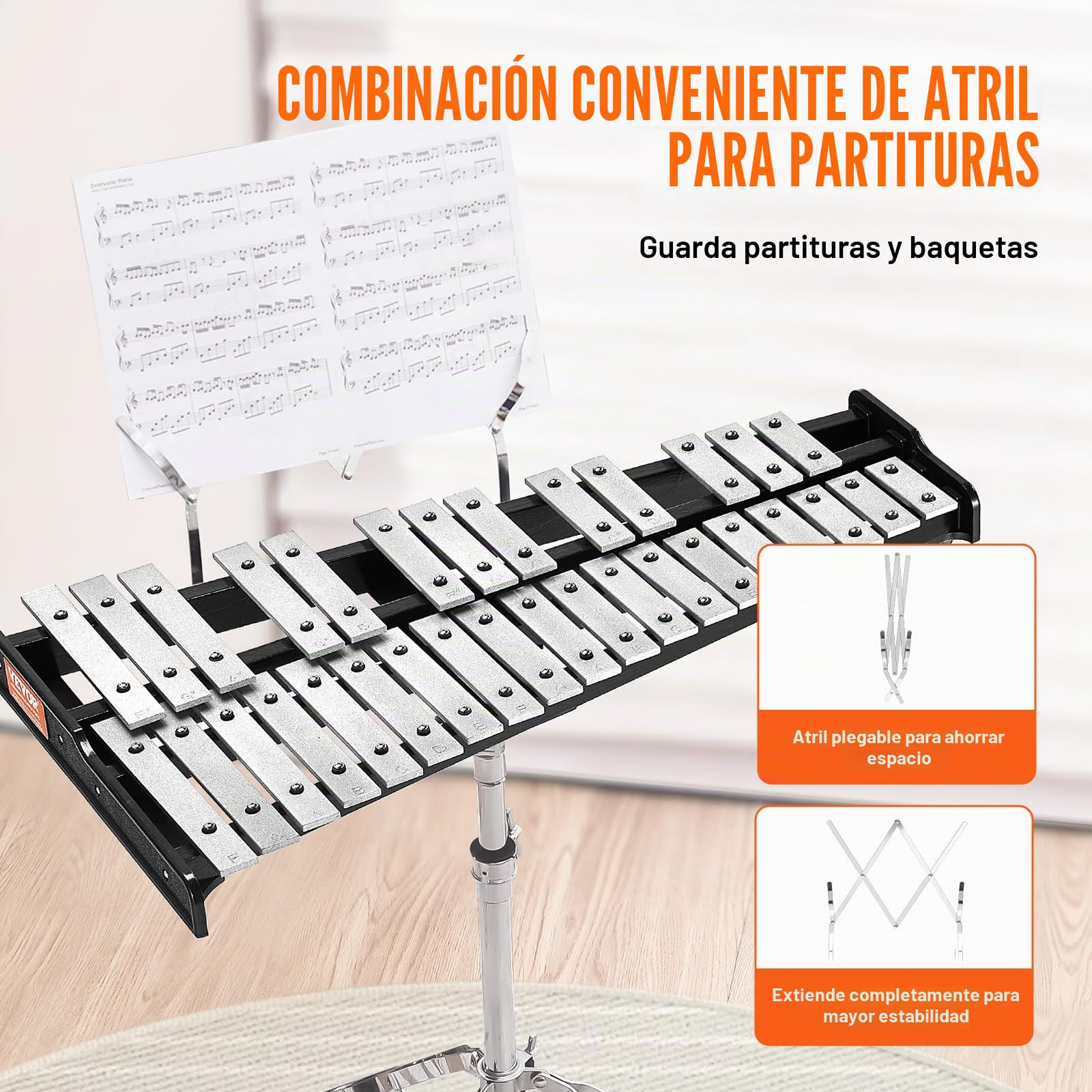 VEVOR Kit de campana de xilófono Glockenspiel de 32 notas, juego de instrumentos de percusión profesional con mazos, baquetas, atril, soporte ajustable y bolsa de transporte para estudiantes y adultos