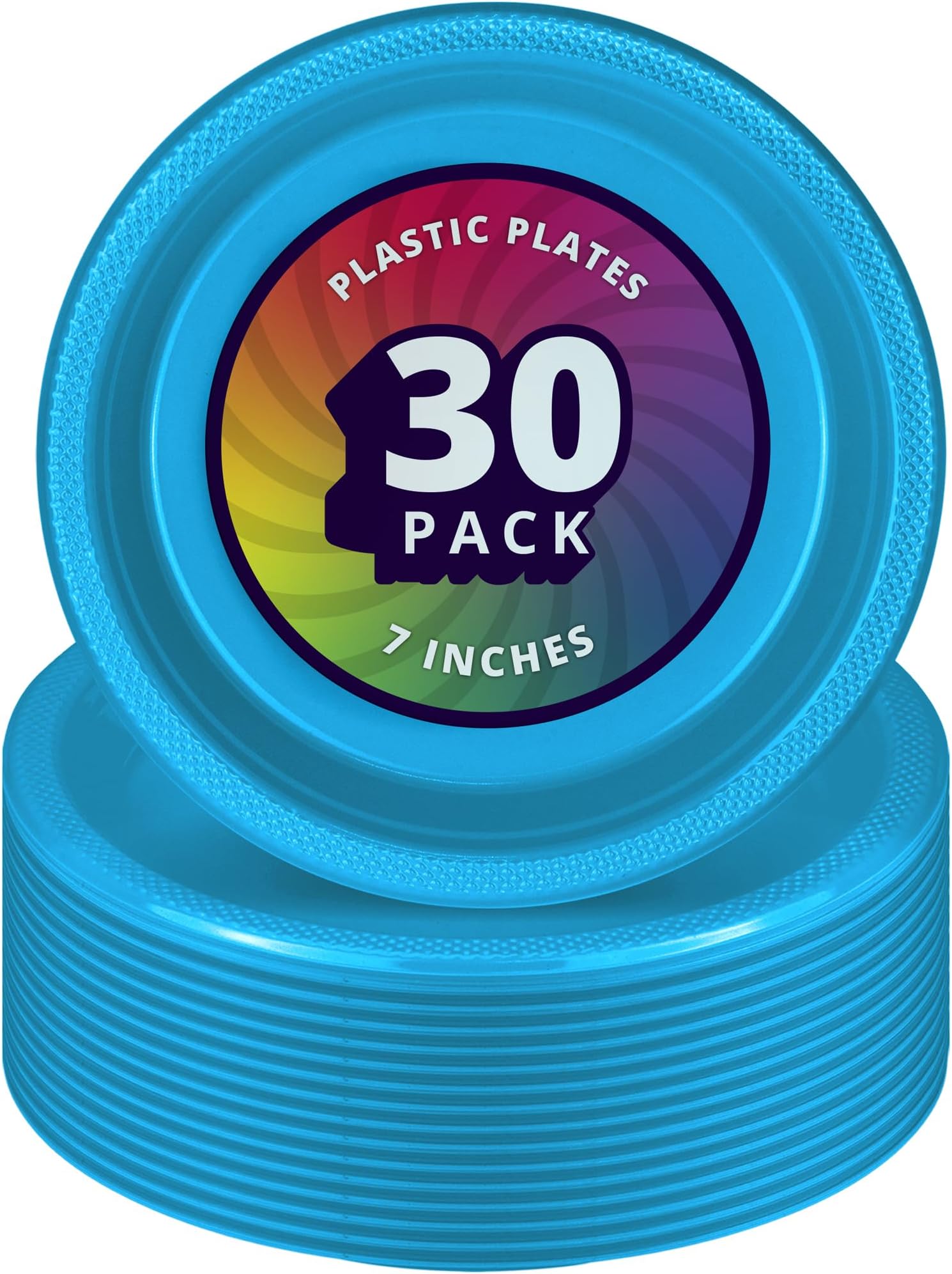 DecorRack 30 Small Plastic Plates, Heavy Duty 7 inch Disposable Party Ware for Kids Birthday, Cake Dessert Plates, Holiday Tableware, Turquoise (Pack of 30)