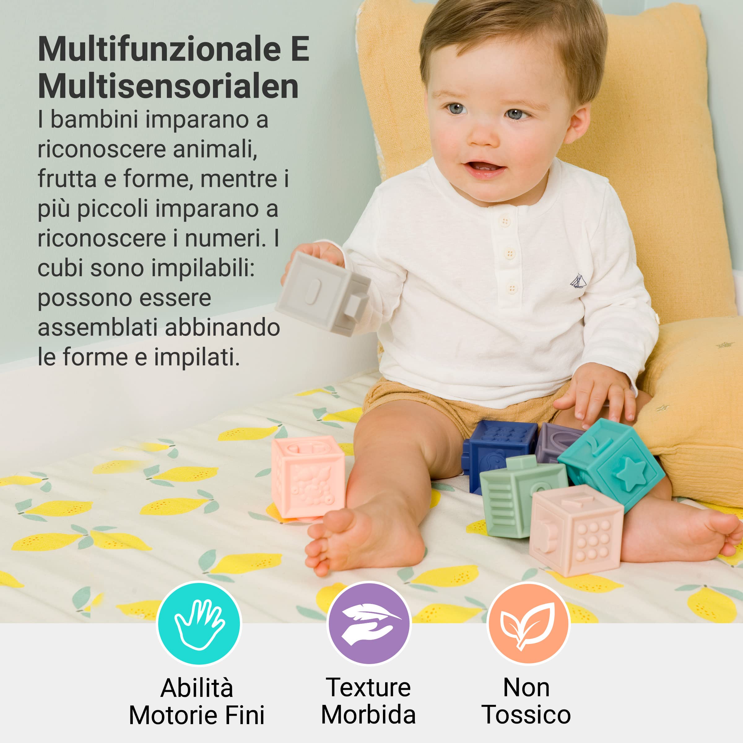 BabyToLove cubi educativi sensoriali | Cubi impilabili morbidi Montessori neonato 0-12 mesi | Giochi montessori 6 mesi per motricità fine e apprendimento | Gioco educativo prima infanzia