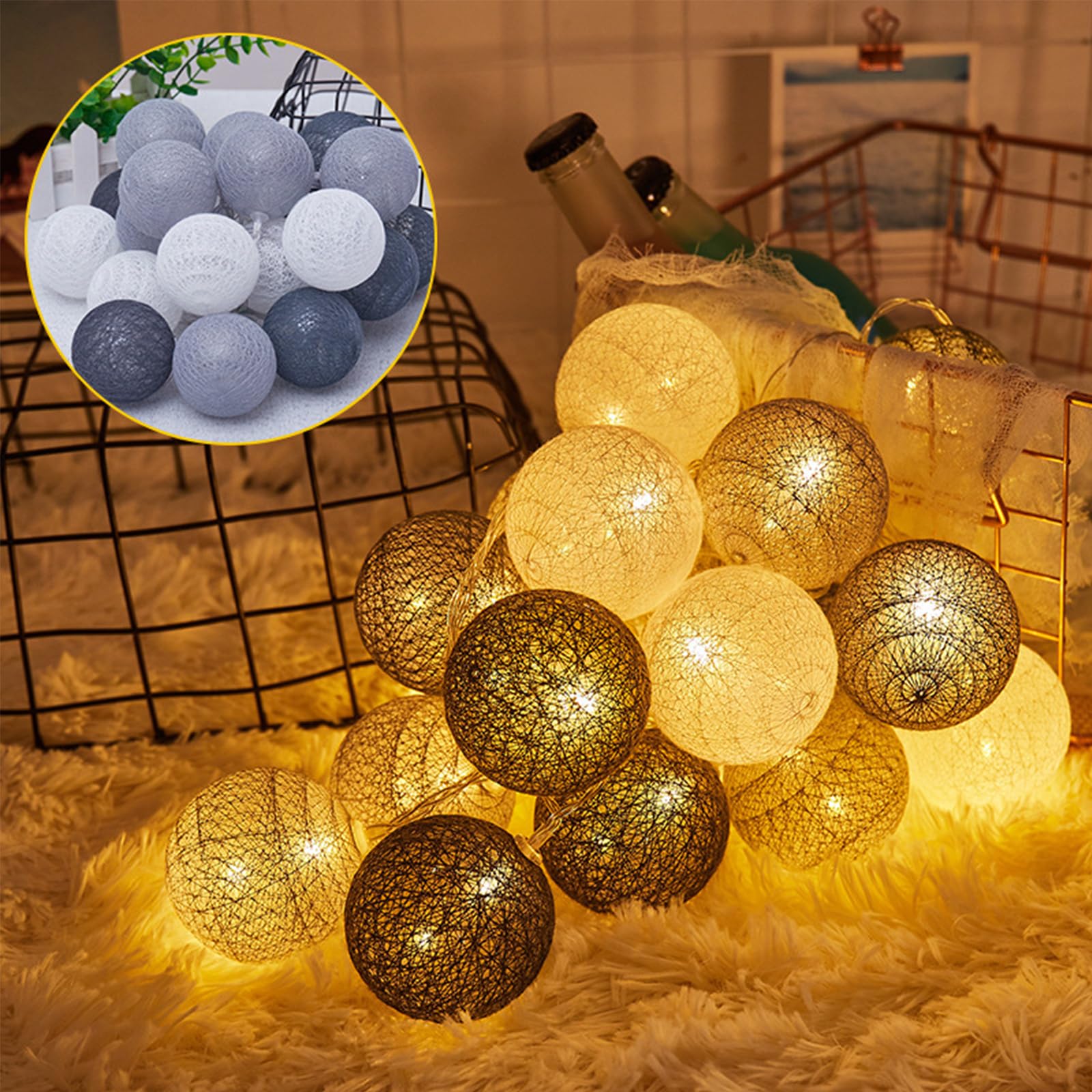 ENLACE LED Fairy Lights, Cotton Balls, 1.5 m, 10 LED Cotton Ball Fairy Lights, Balls, 3 cm Diameter, Cotton Balls, Party Fairy Lights for Children's Room, Wedding, Christmas, Grey - Image 3
