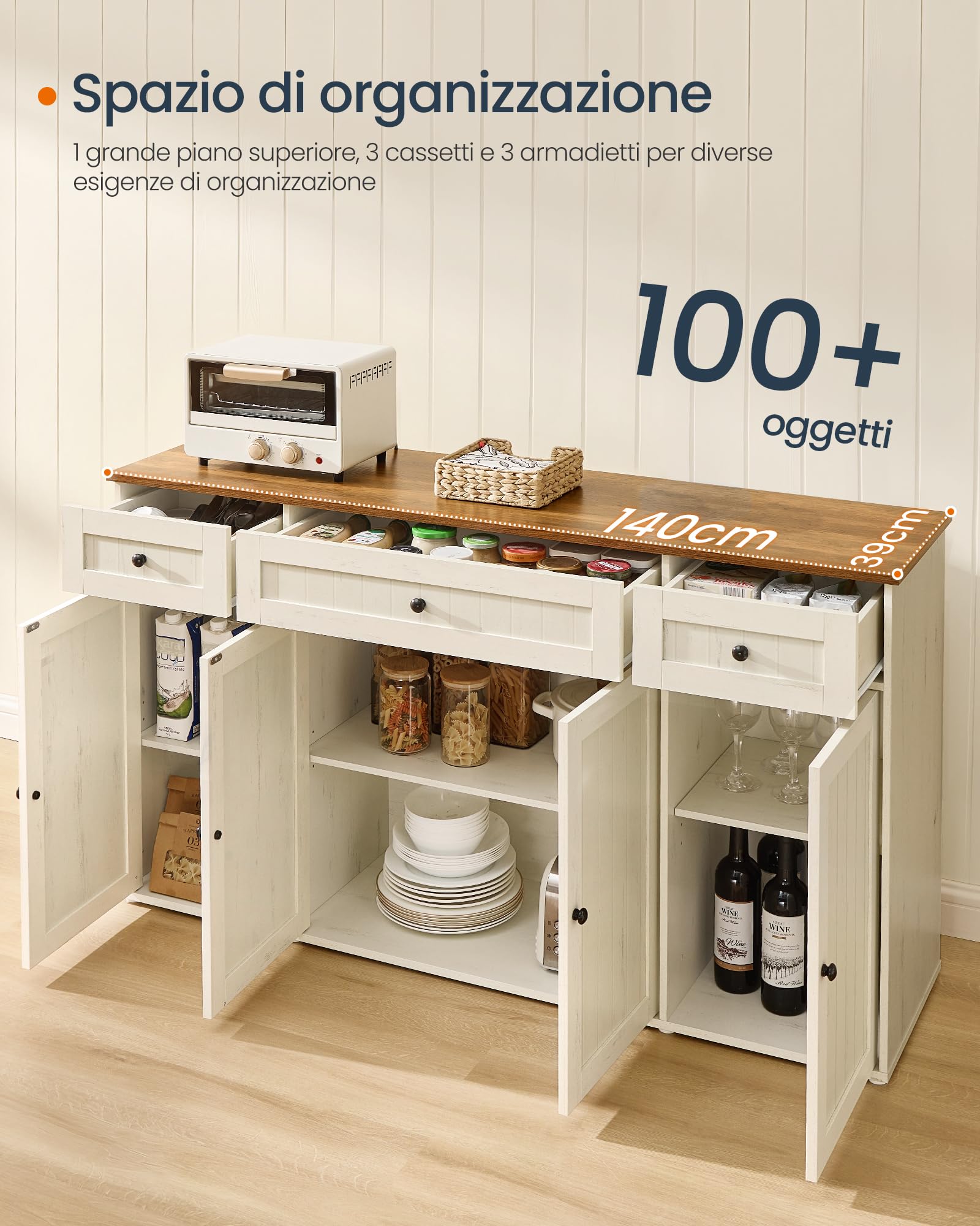 SONGMICS HOME Credenza Montaggio Rapido Senza Attrezzi Toolless, Montaggio Superveloce Senza Utensili, Mobile da Cucina con Piano, Buffet, Ripiani Regolabili, Bianco Vintage e Marrone Miele BBK376WJ02
