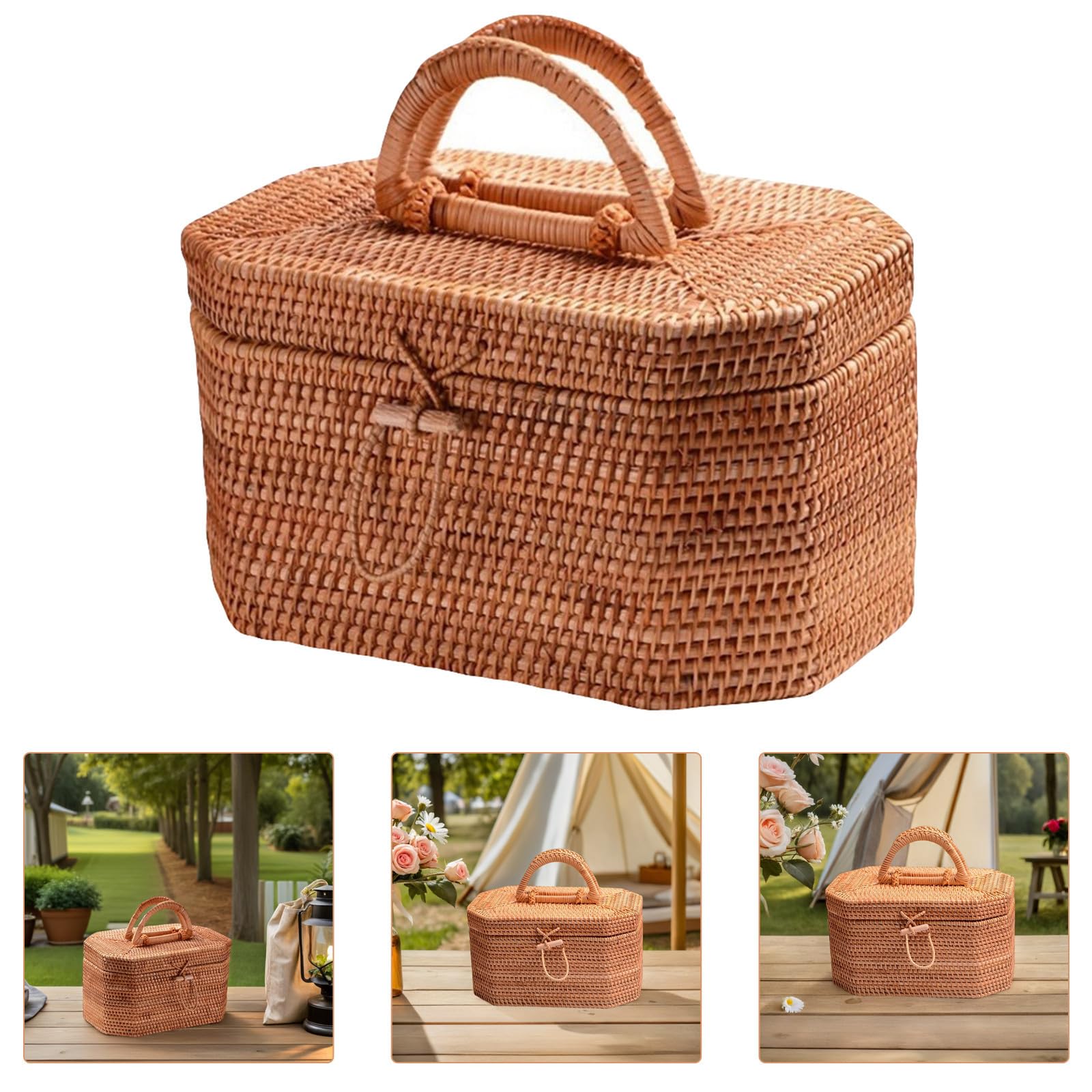 Cesto Intrecciato Portatile Coperchio in Legno, Colore Kaki