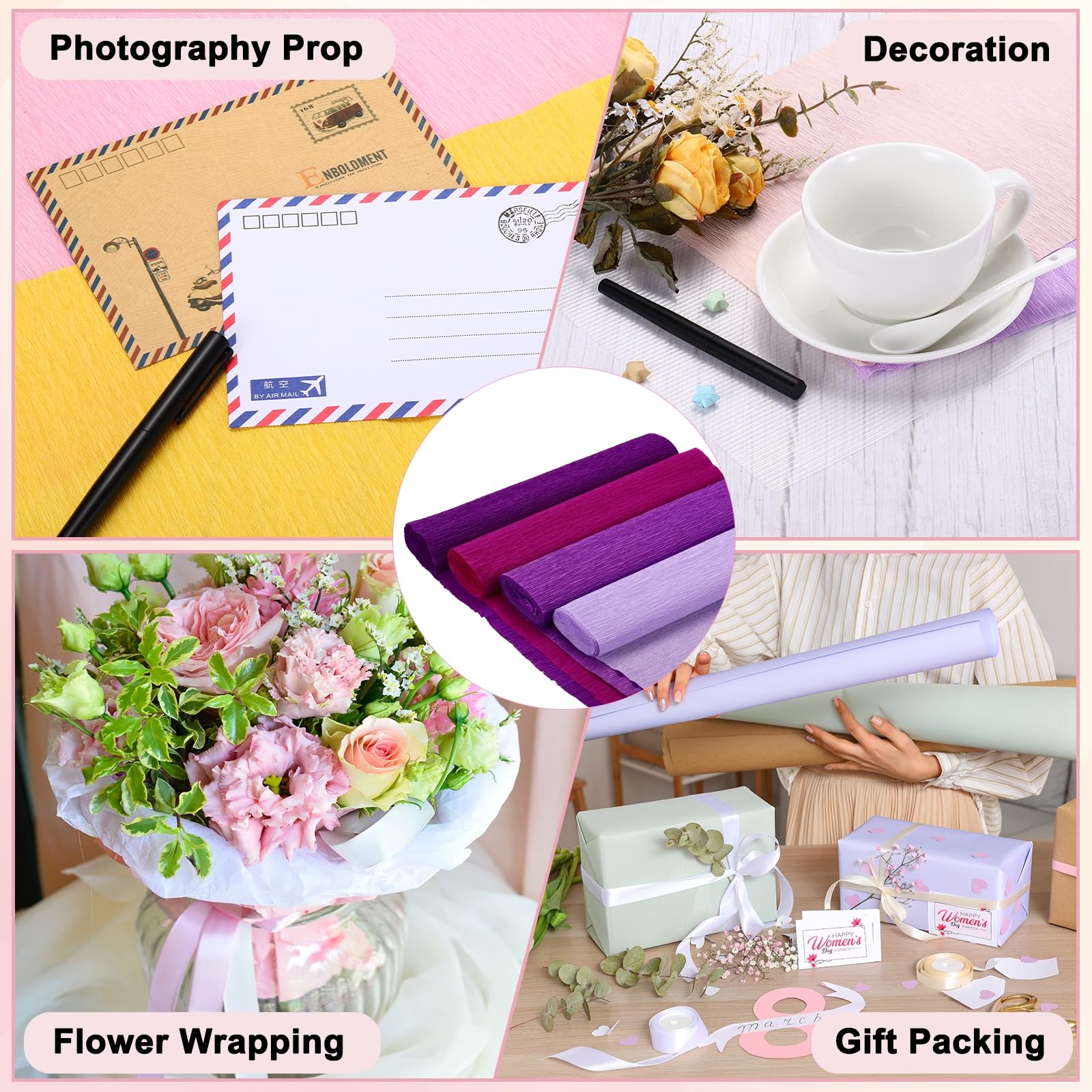 QUARKZMAN 8 Stück 4 Farben Krepppapier, 25cm x 2.5m Floristen Krepp Papier Bunt für Handwerke, Party, Schulpapier, Blumen DIY (Hellviolett, Dunkelviolett, Violett, Rosenrot)
