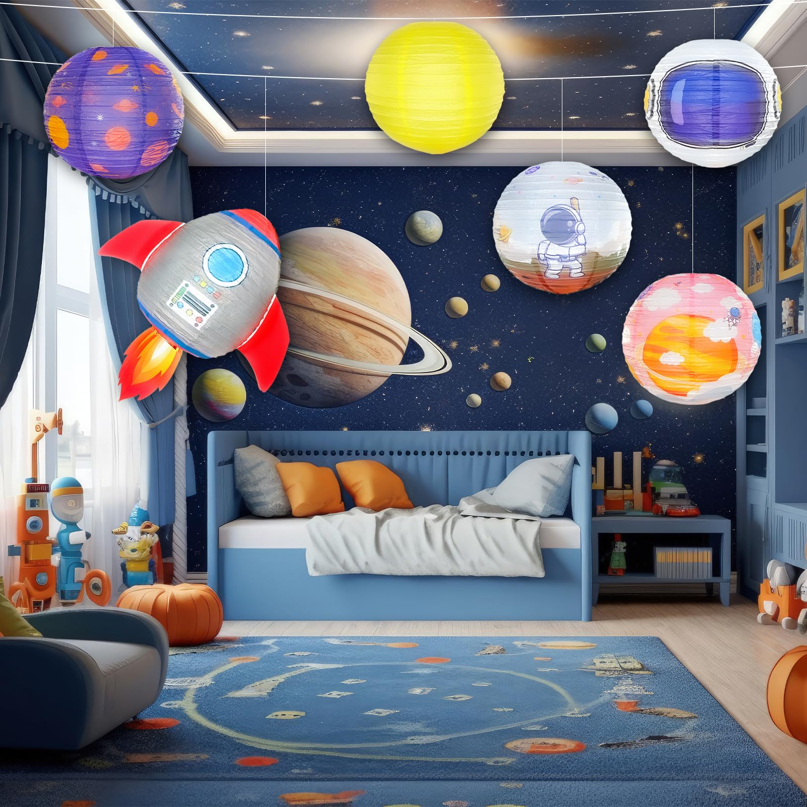 6 PCS Planet Paper Lanterns, Outer Space Astronauts Rocket Party Decorations, Hanging Solar System Planets Lantern for Kids Space Theme Birthday Science Baby Shower Decorations Classroom Decor
