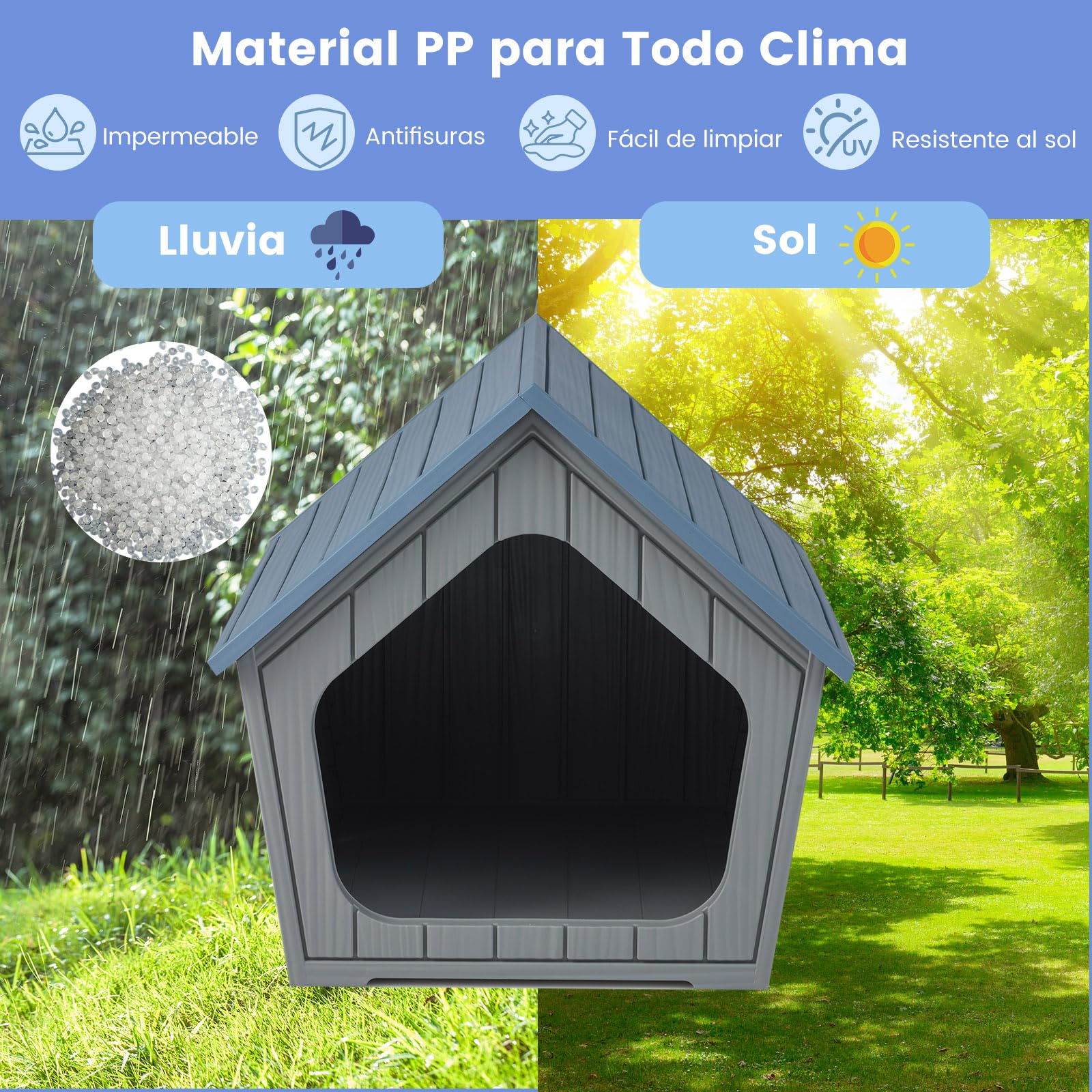 GOPLUS Caseta para Perros de Plástico, Casa para Cachorros y Gatos con Techo Inclinado, Orificios de Ventilación, Base Elevada, Refugio Impermeable de Interior Exterior para Mascotas, 59,5x57x58 cm