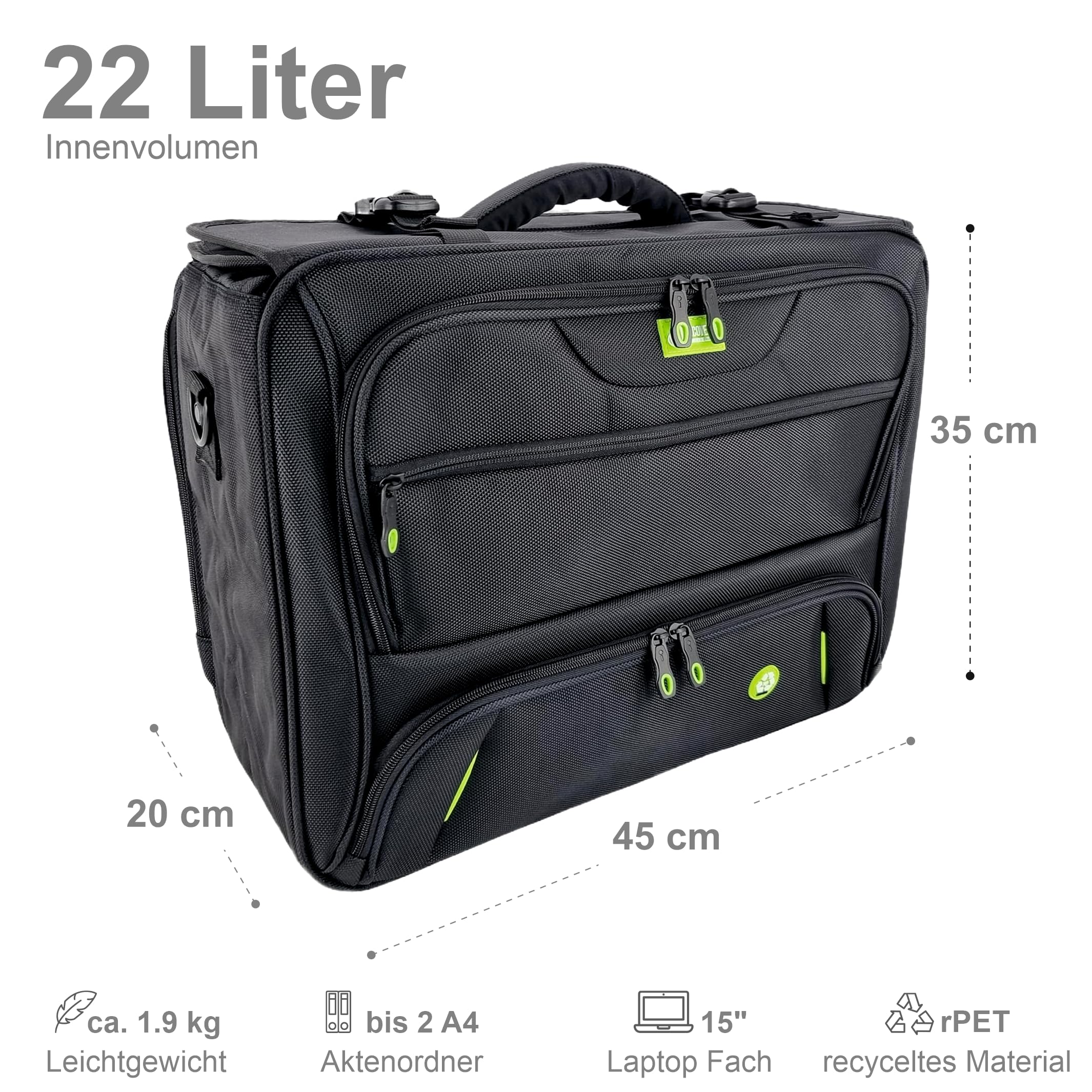 Soft Pilotenkoffer aus RPET in schwarz 46208 | Leichtgewicht mit Laptopfach, Fächertasche, Schultergurt | Aktenkoffer, Laptopkoffer