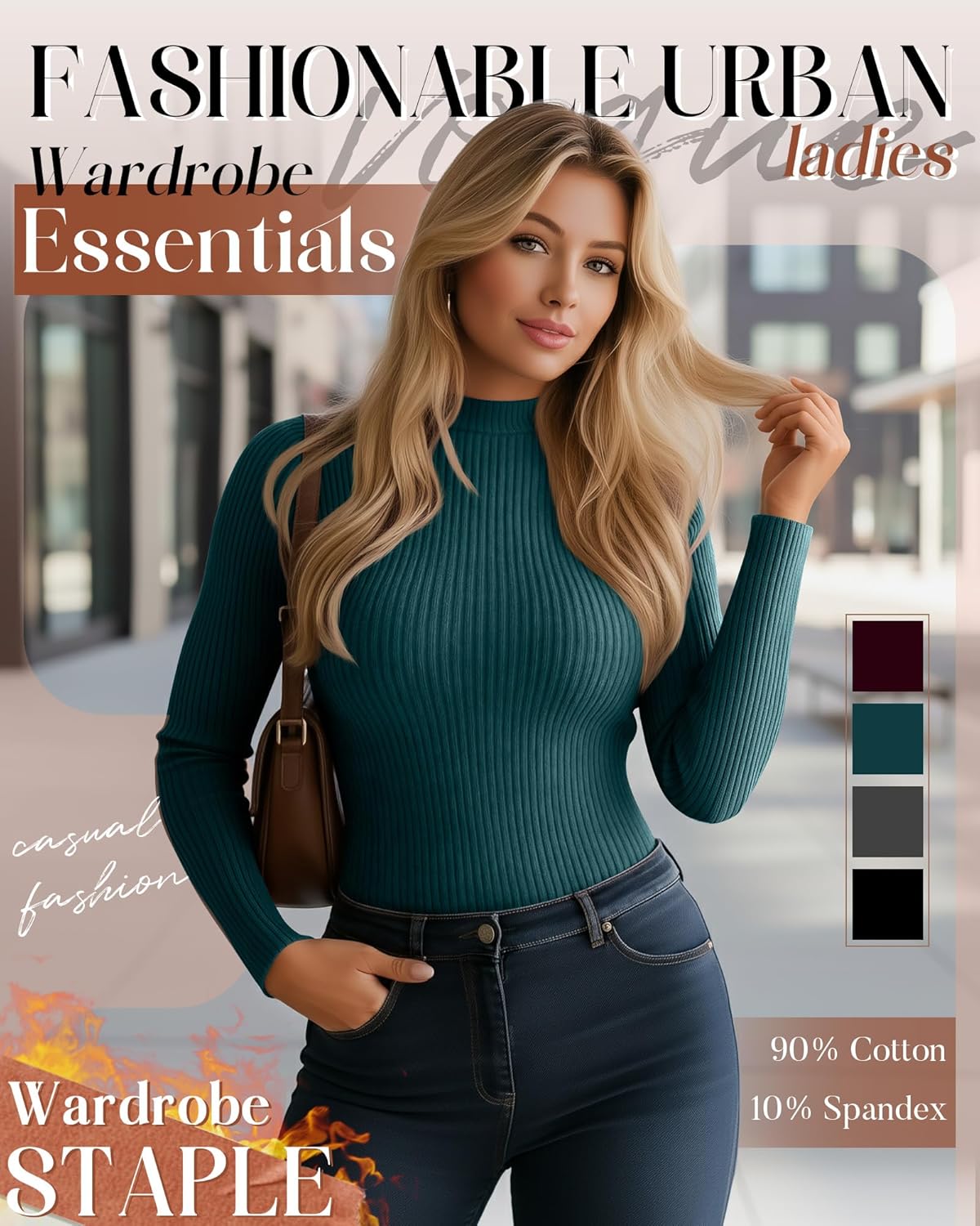 4 Pack Women's Plus Size Mock Turtleneck Tops Thermal Fleece Ribbed Long Sleeve Cotton Fitted Shirts Layer Sweater - Image 2