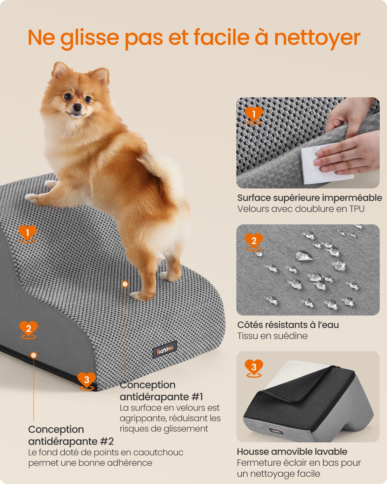 Feandrea Escalier pour Chien, à 2 Marches, Velours Gaufré, Marches pour Chien, Lit, Canapé, Imperméable, Design Antidérapant, Pente Douce, Housse Amovible Lavable, Poignée, Gris Tourterelle PPS012GD01