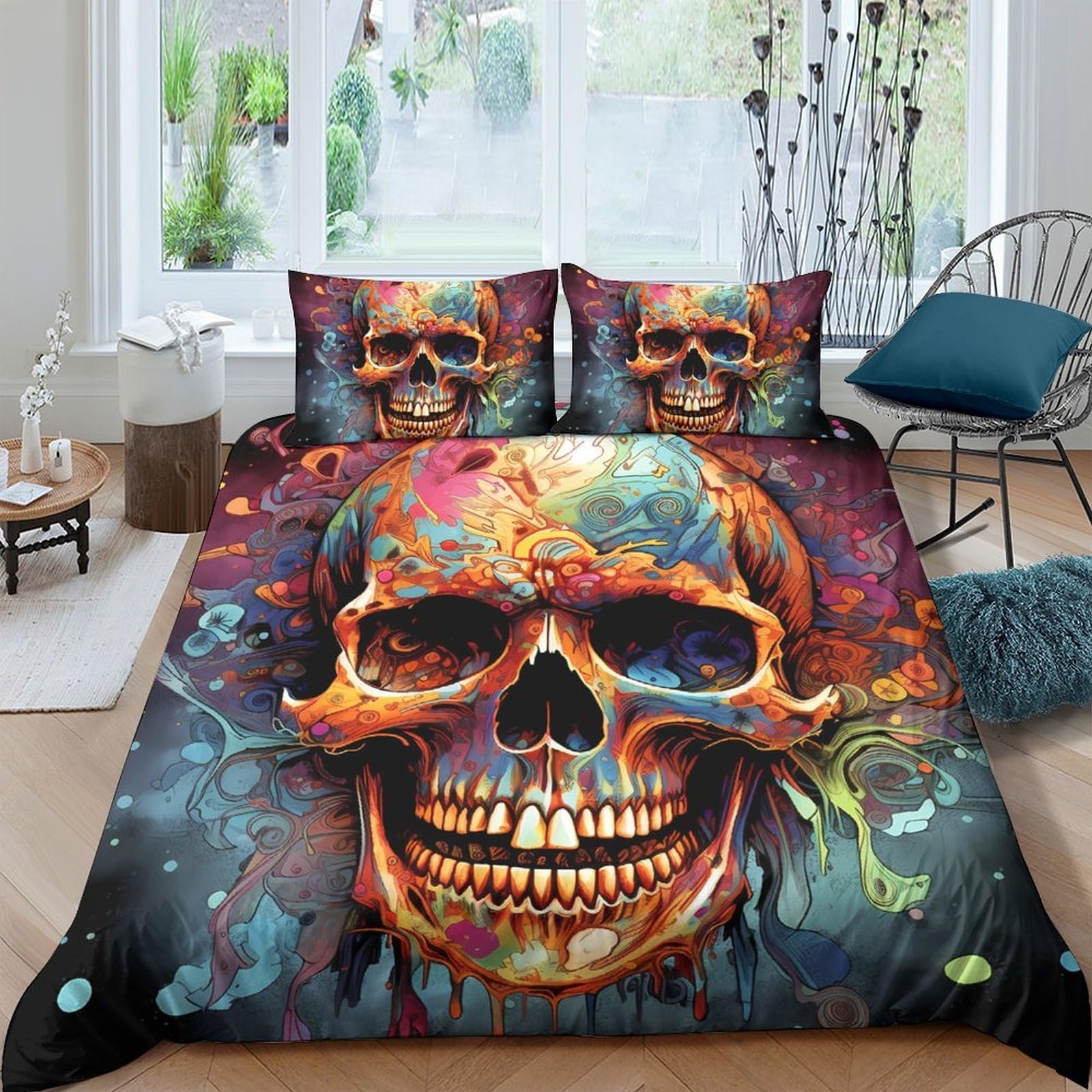Ctjqhvkz Style-1 3D Printed Colorful Skull Fitted Sheet Microfiber Soft Artistic Skeleton Bed Sheet Bedroom Decor Protection Single（135X200cm）