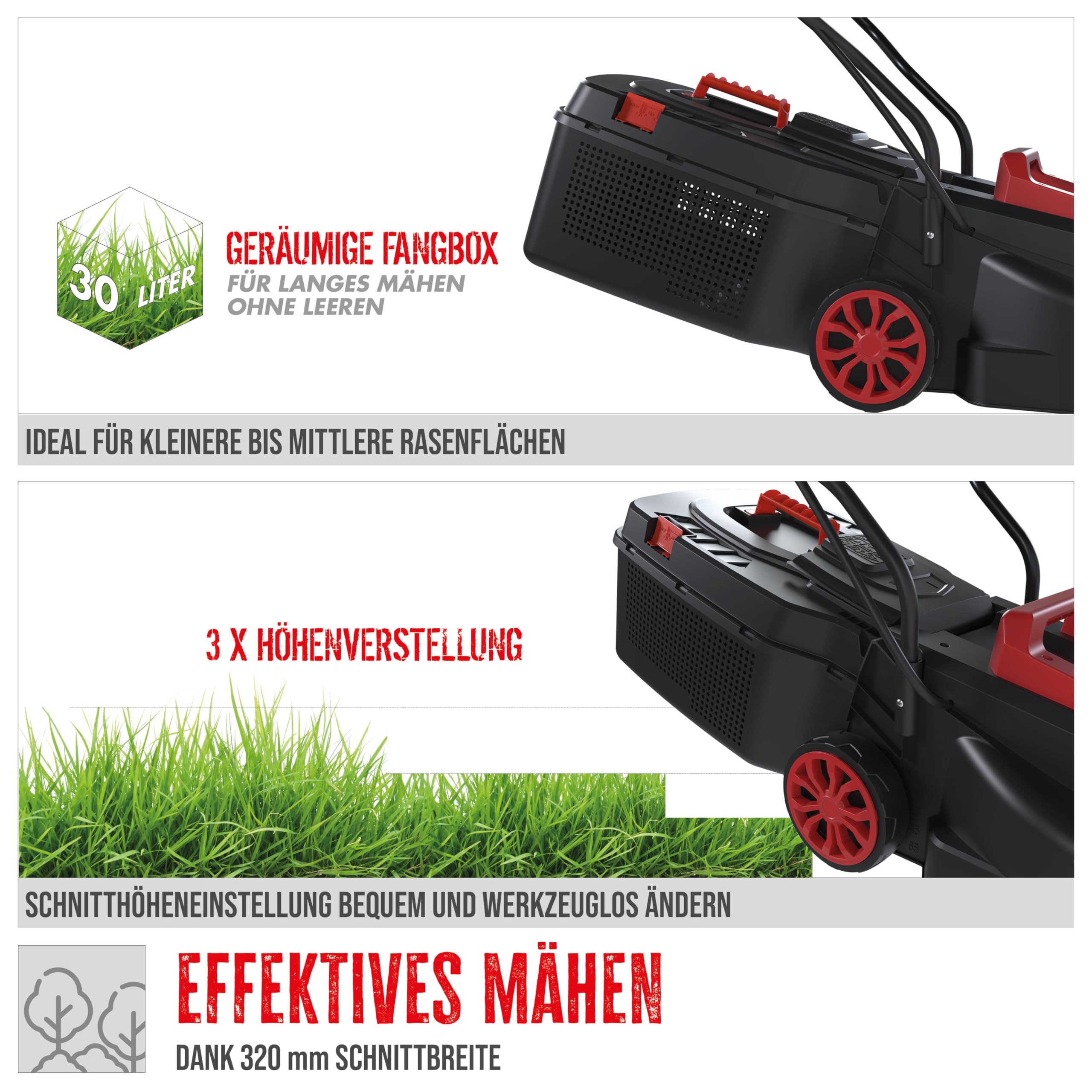 Güde Cortacésped Eléctrico 320/1300 (230 V, 1300 W, Velocidad del Motor 3500 1/min, Ancho de Corte 32 cm, Cesta colector de Hierba 30 l, 3 Niveles de Ajuste de Altura de Corte 25-65 mm,