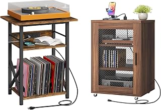 CHOEZON Record Player Stand and Media Cabinet Bundle, Vinyl Record Storage Side Table, Stereo Cabinet with Wheels, Charging Station & Crossed Frame Design for Turntable, TBZ48UBF-MBZ23UHT