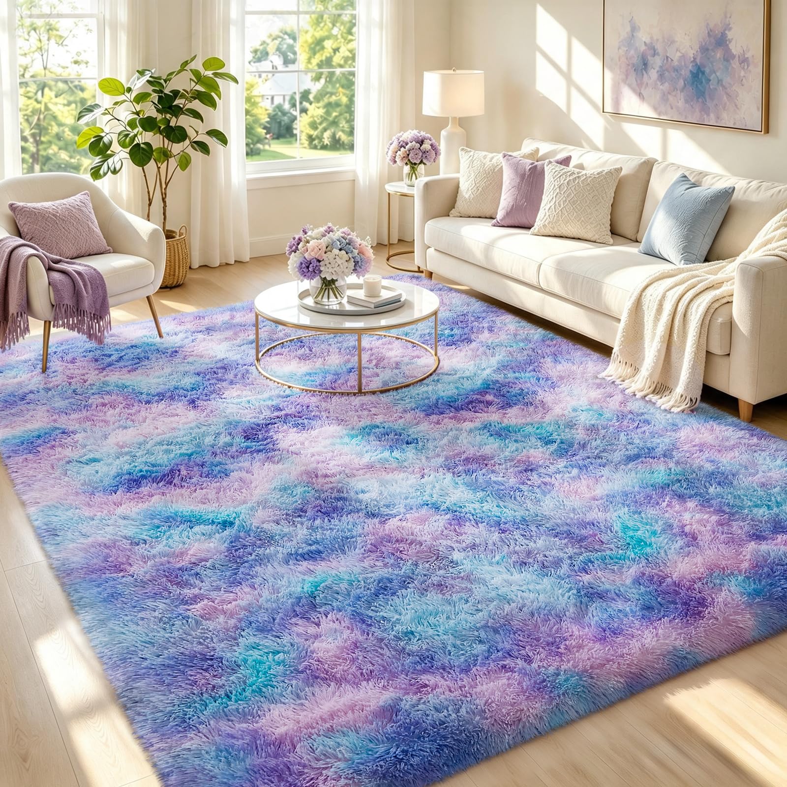 Ophanie Rainbow Purple Mermaid Rugs for Living Room 6x9,Kids Fluffy Shag Fuzzy Plush Soft Carpets,Floor Shaggy Area Rugs for Bedroom,Carpet for Kids Girls Dorm Decor with Over 99 pcs Pile fibers