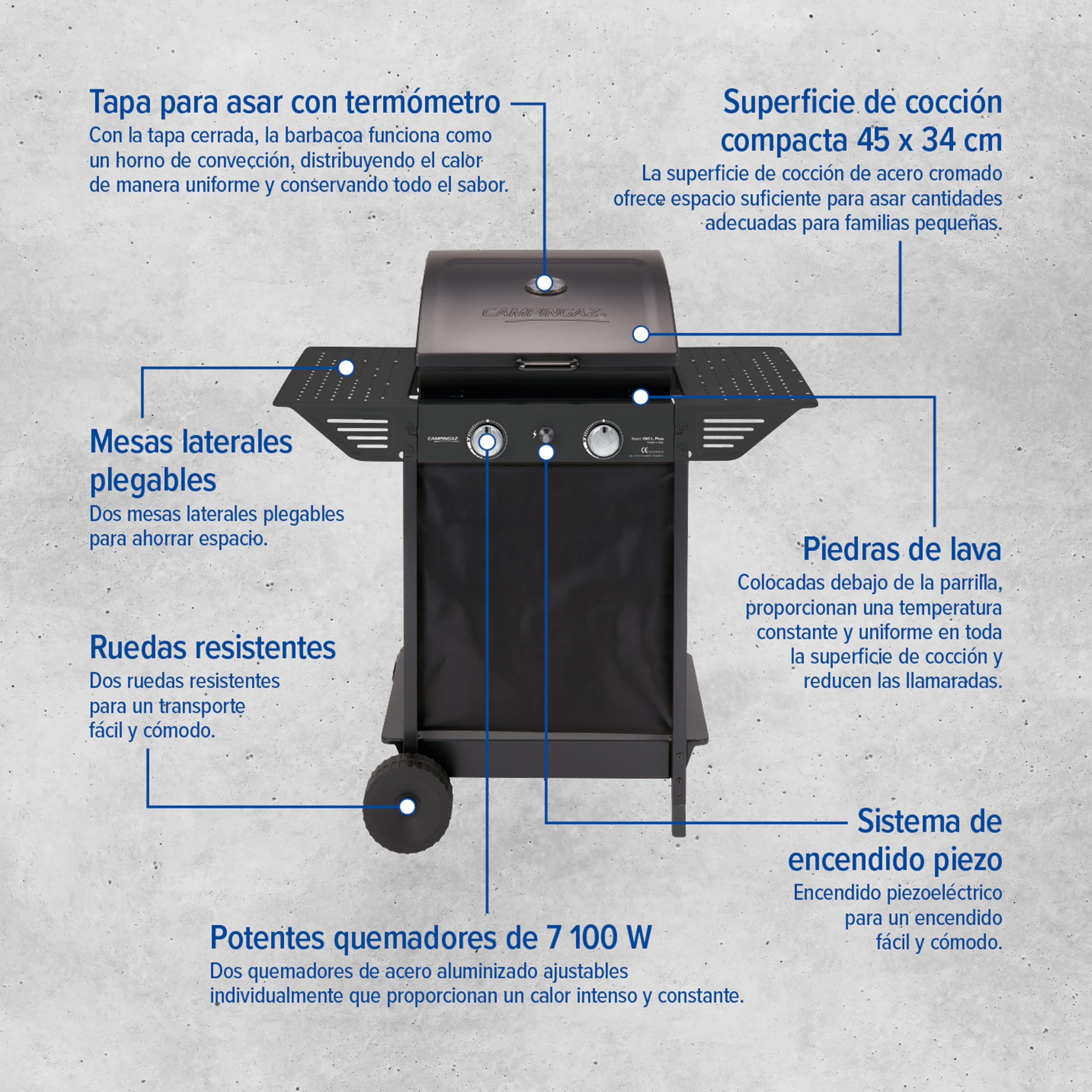 Campingaz Xpert 100 L Plus Gas Barbecue | Barbacoa con Carro y Ruedas, Piedra Volcánica y Tapa con Termómetro – 2 Quemadores | 7,1 kW Total, Negro