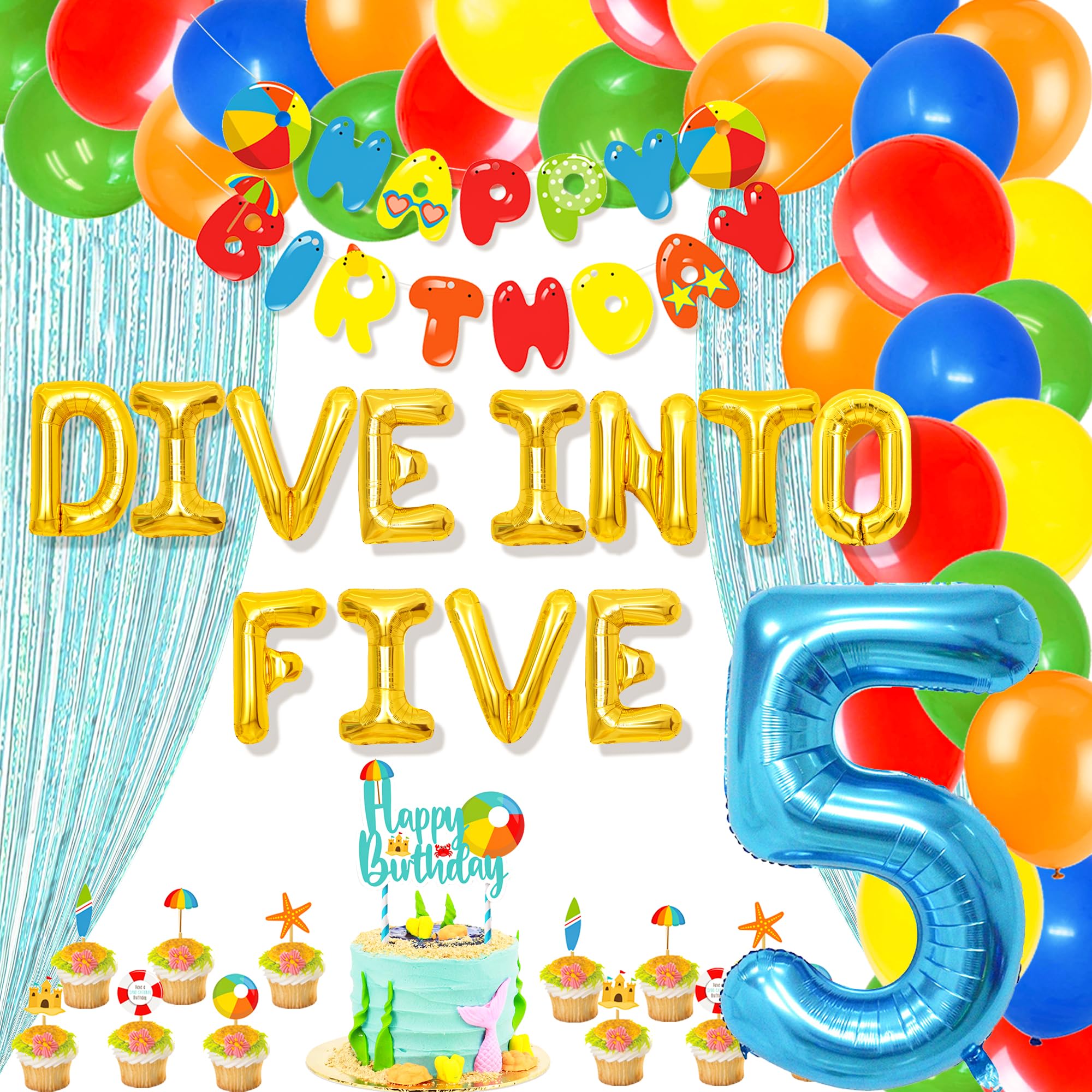 LaVenty Dive Into Five Balloons - 5th Birthday Decoration Sign Banner Cake Topper for Swimming Pool & Beach Parties