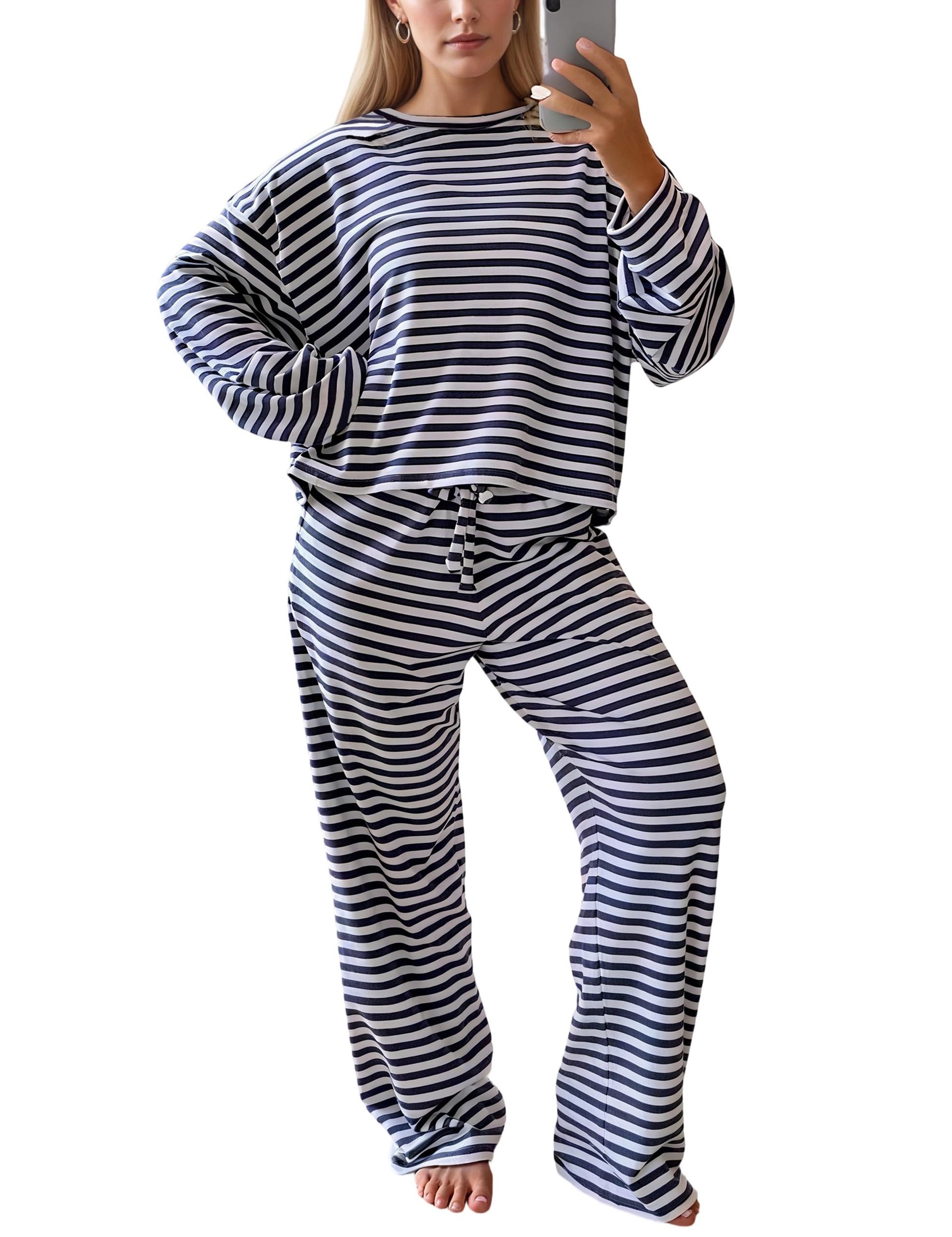 MISSACTIVER Womens Striped 2 Piece Lounge Set Casual Long Sleeve T-Shirt Drawstring Wide Leg Pants Matching Pajamas Set
