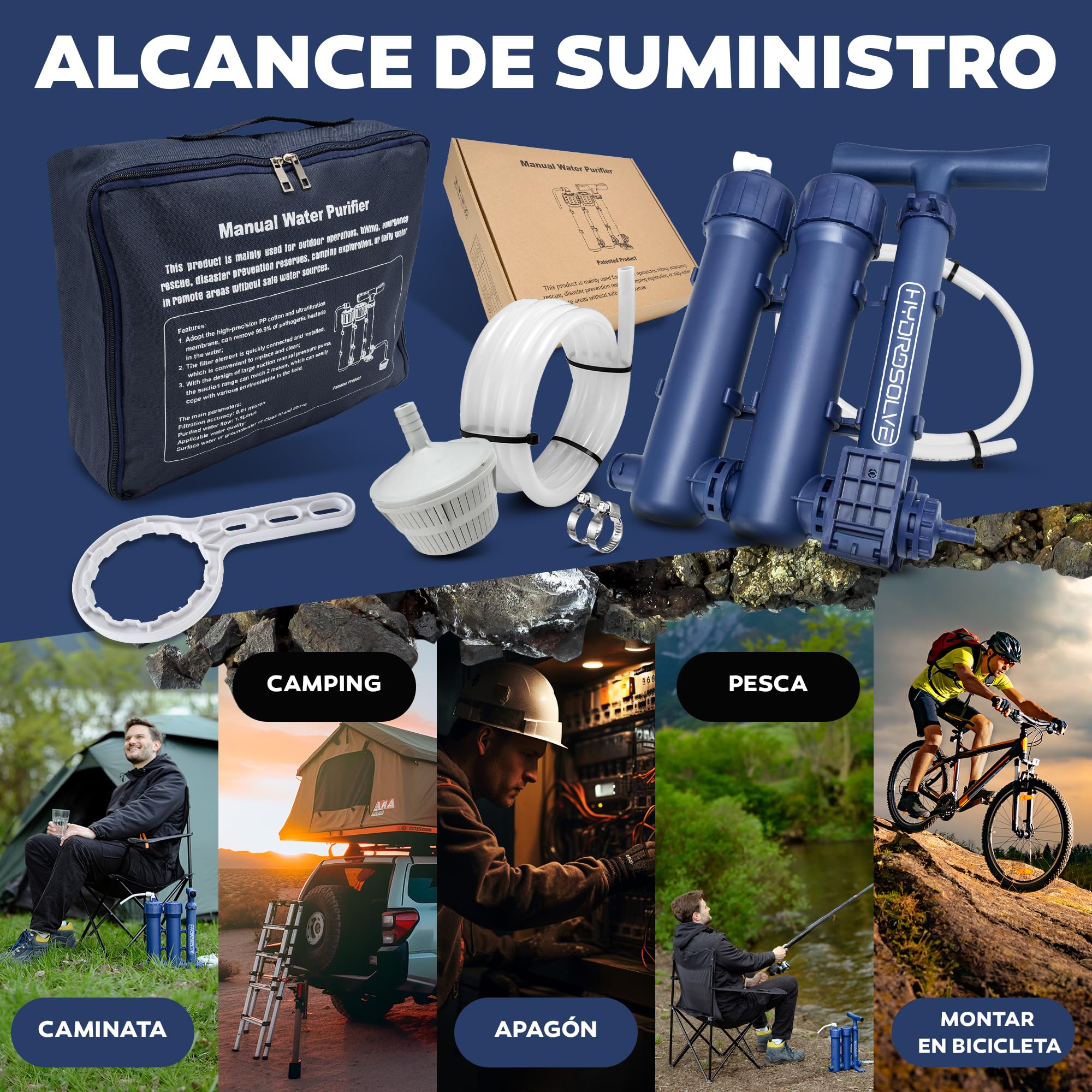 HYDROSOLVE - Filtro de agua portátil para exteriores, sistema de tratamiento de agua de emergencia con bomba de mano, filtración para senderismo y camping (filtro de agua)