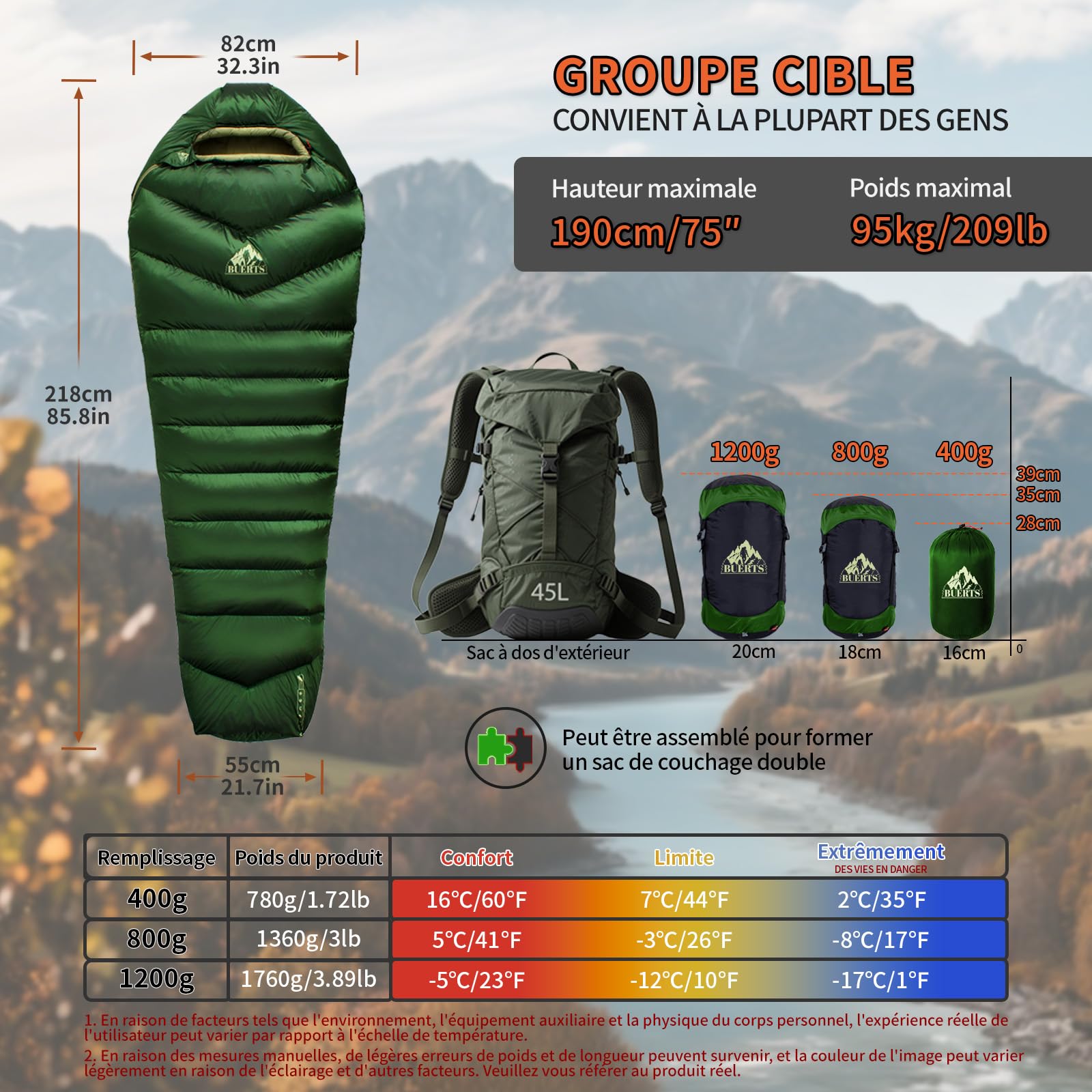 Sac de Couchage en Duvet, Ultra léger et Chaud, Sac de Couchage 3 Saisons pour Adulte, léger et Facile à Transporter, idéal pour la randonnée, Le Sac à Dos et Le Camping.