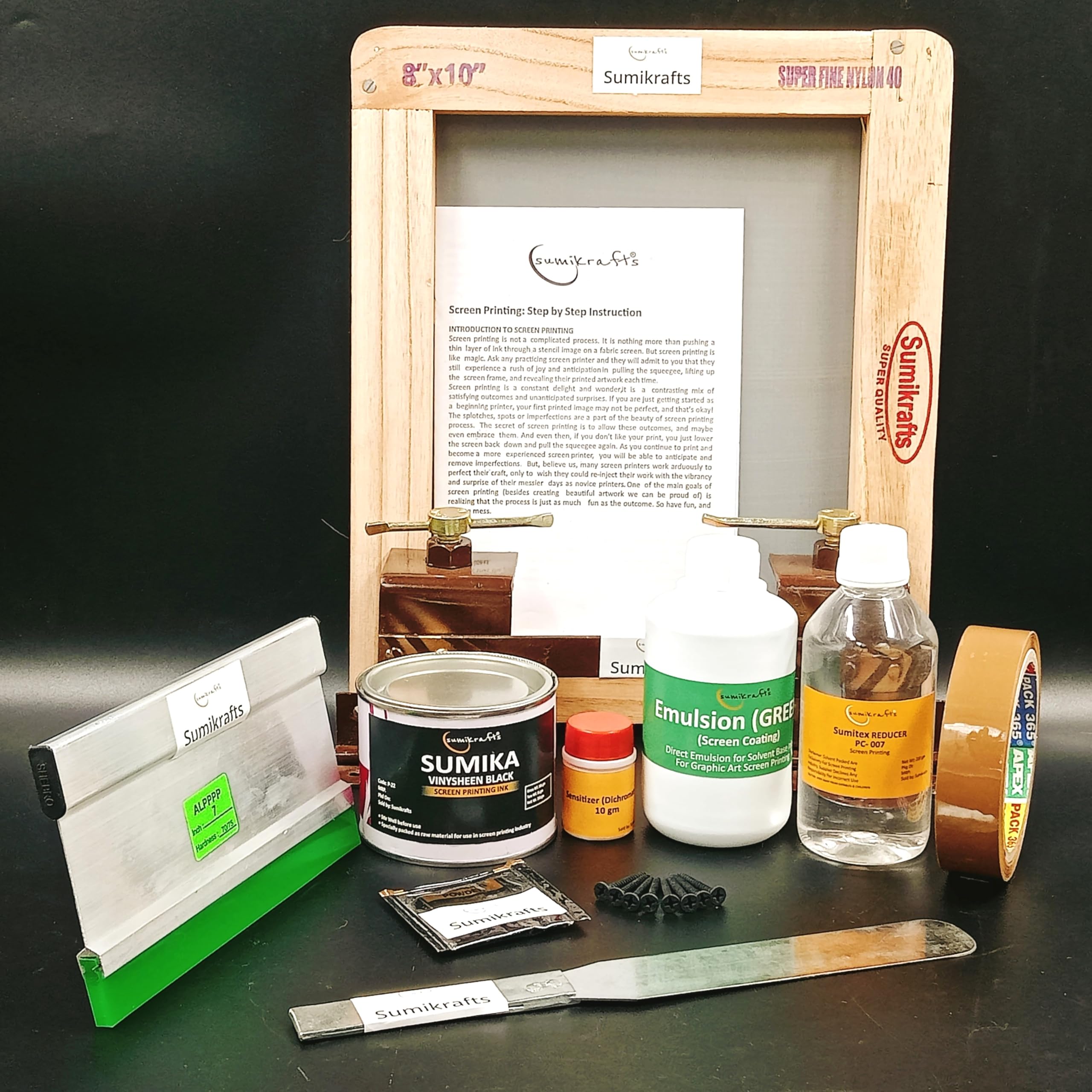 Sumikrafts Screen Printing Kit: 8"x10" Wooden Frame with Pre-Stretched Nylon Mesh No. 40+Vinysheen Black Ink 250gm+Double Hinge Table Clamps+7" Squeegee Blade (70/75 Hardness)-image-2