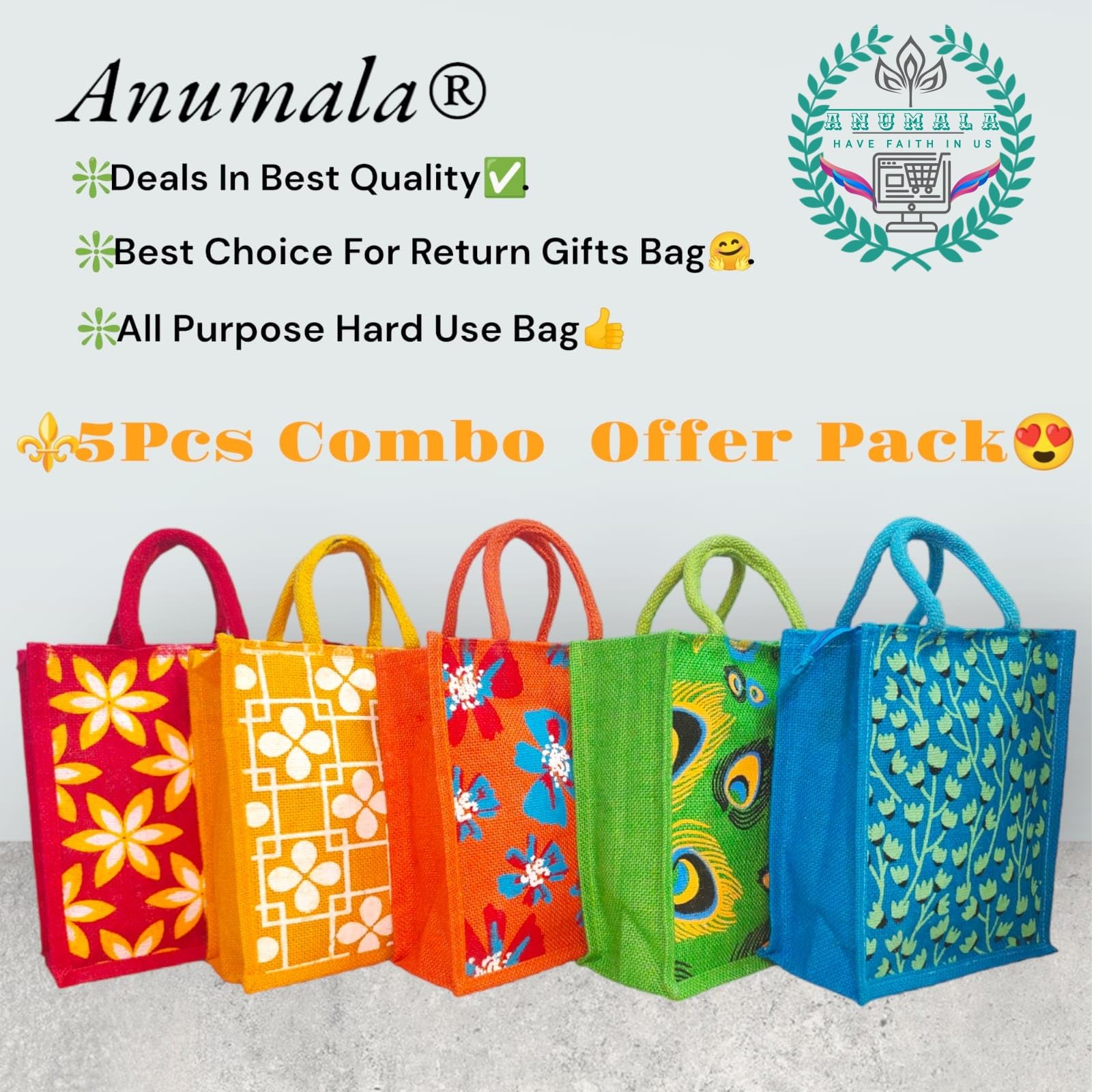 Anumala® Earthly Elegance The Eco-Friendly Jute Bags Beautiful Print| for Return Gifts, Office, Grocery, Picnic, Wedding Return Gifts. 11x5x10 inch (Pack of 50) 3