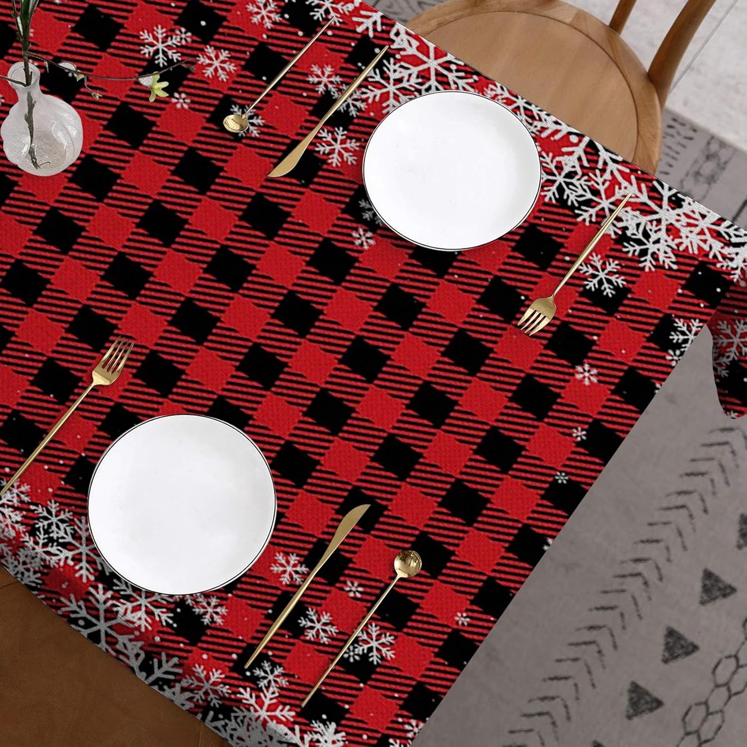 Similar product  Christmas Rectangle Tablecloth Black and Red Buffalo Plaid White Snowflake Print Linen Table Cloths for New Year Xmas Party Picnic Supplies Kitchen Dining Home Decor, 54x120 Inch 54W x 120L Inch
