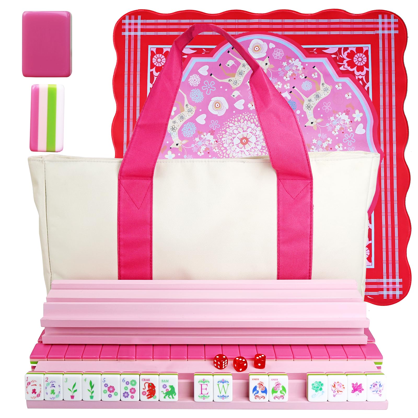 American Mahjong Game Set, Portable Carrying Bag,Acrylic 160 Tiles,Western Mahjong Tiles Set,Complete Ma Jong Set (Pink)