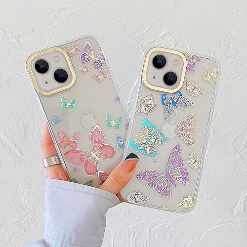 Miniatura 9 de Funda transparente con purpurina para iPhone 15 Plus para mujeres y niñas, mariposas doradas, bonito patrón en forma de corazón, funda protectora