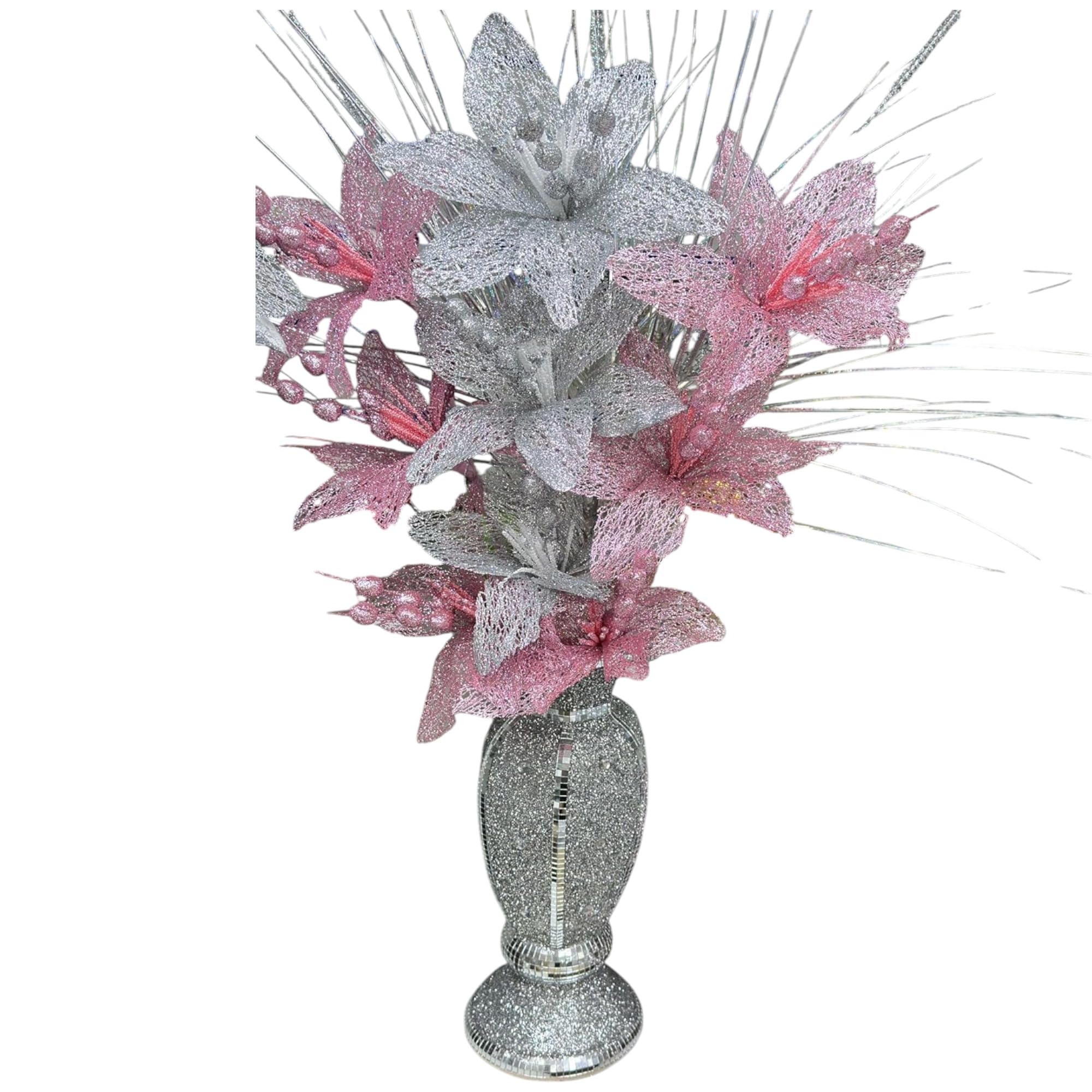 Romany Pink & Silver Glitter Flower Vase Ornament | 65x35x20cm Crushed Diamond Mosaic Vase with Artificial Silk Bloomers | Handmade Bling Home Decoration Gift for Wedding, Living Room, Office