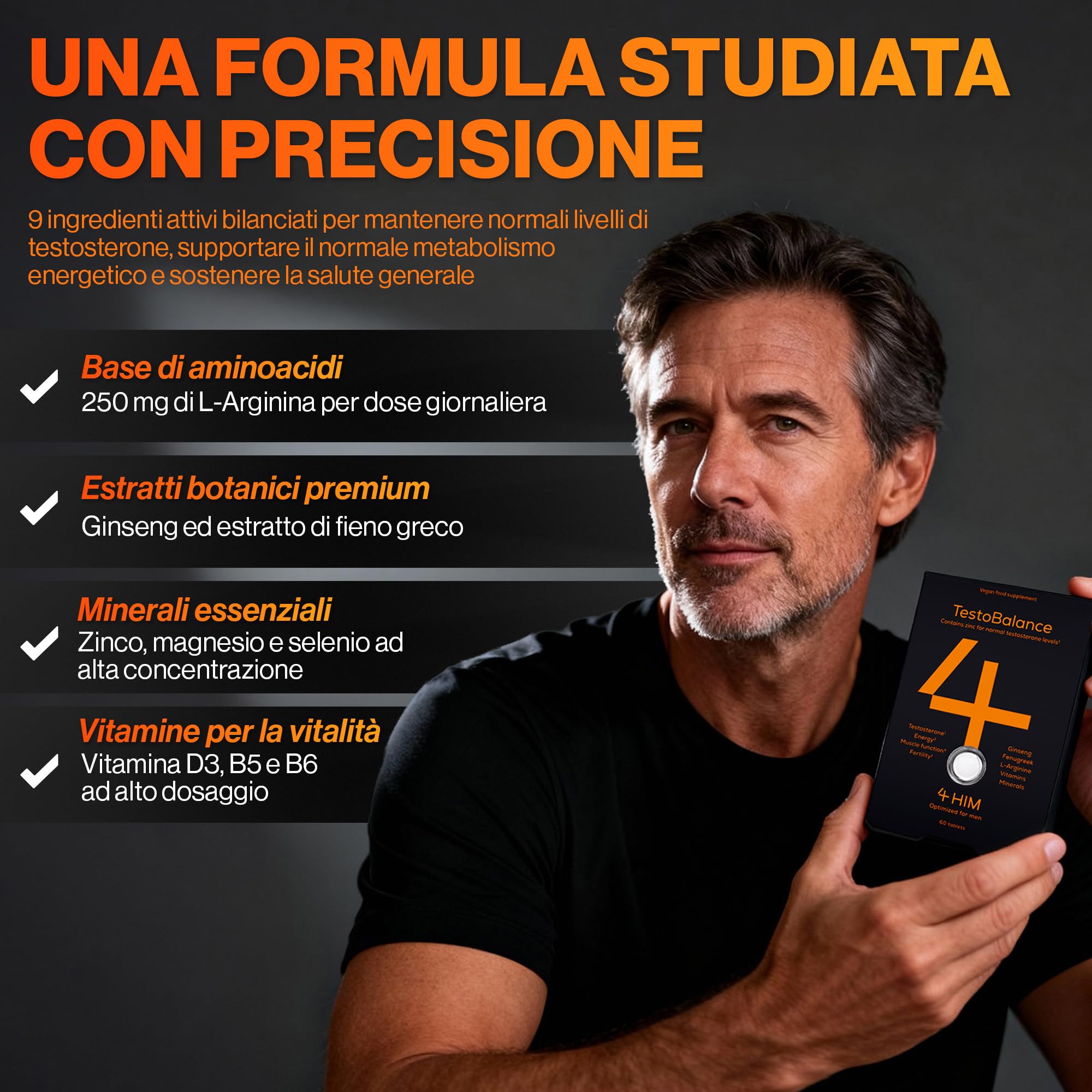 4 HIM TestoBalance Integratore Testosterone Uomo – ZMA, Ginseng & Fieno Greco – Zinco per Livelli di Testosterone – Magnesio, B6, L-Arginina & Selenio – 60 Compresse Vegane – Certificato GMP
