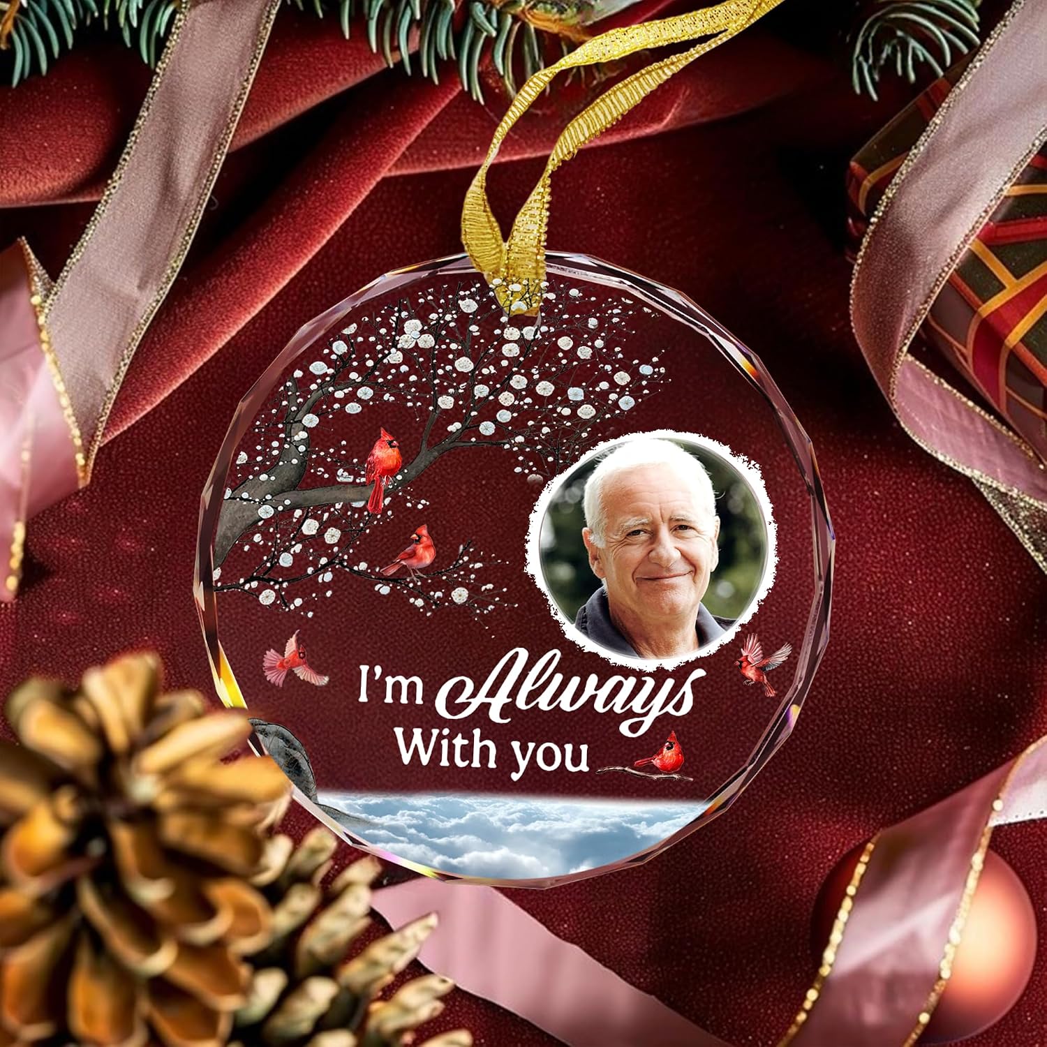 Gossby Glass Memorial Christmas Ornament Photo - I'm Always with You - Red Cardinal Memorial Gift for Loss of Loved Ones - Custom Sympathy Gift for Loss of Dad, Mom, Grandparents, Sister, Brother