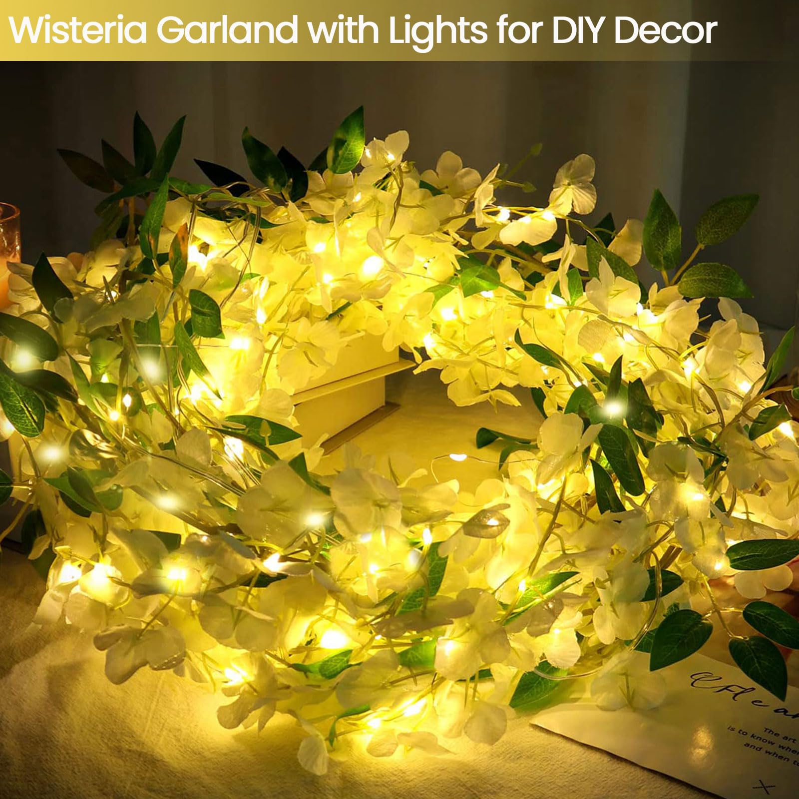 48 Branches Wisteria Hanging Flowers with 32.8Ft Lights, Fake Hanging Flowers, Artificial Wisteria Hanging Flowers Fake Flowers for Wedding Arch Garden Party Outdoor Home Decor